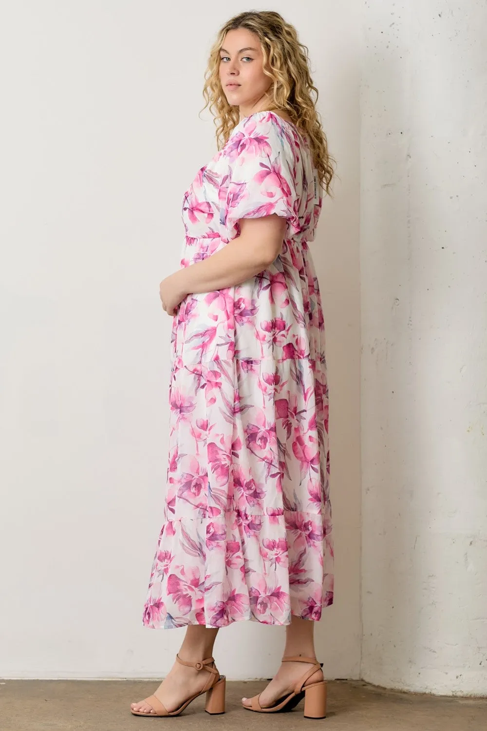 Pink Floral Chiffon Puff Sleeve Plus Midi Dress sold by Pinkblush product image thumbnail 3