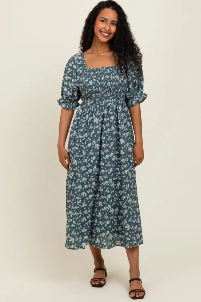 Forest Green Floral Smocked Puff Sleeve Midi Dress sold by Pinkblush