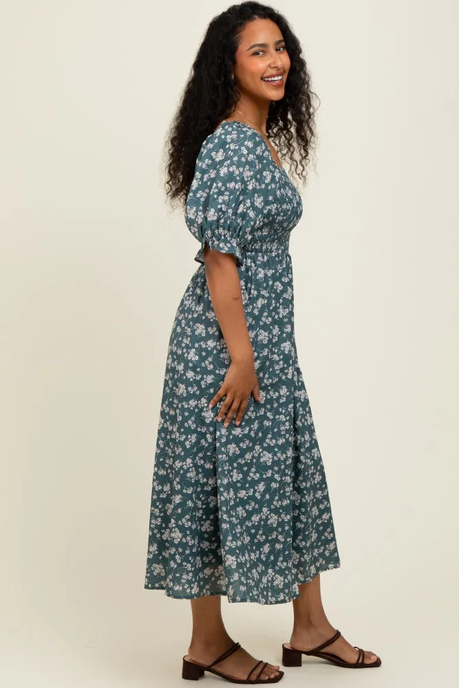 Forest Green Floral Smocked Puff Sleeve Midi Dress sold by Pinkblush product image thumbnail 2