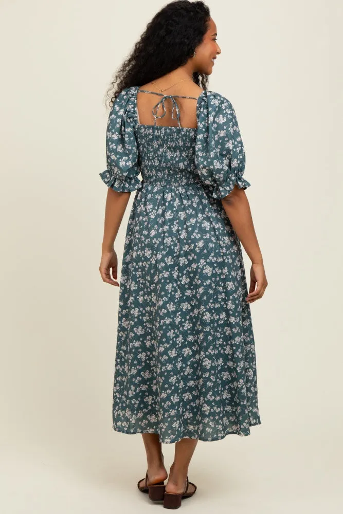 Forest Green Floral Smocked Puff Sleeve Midi Dress sold by Pinkblush product image thumbnail 3