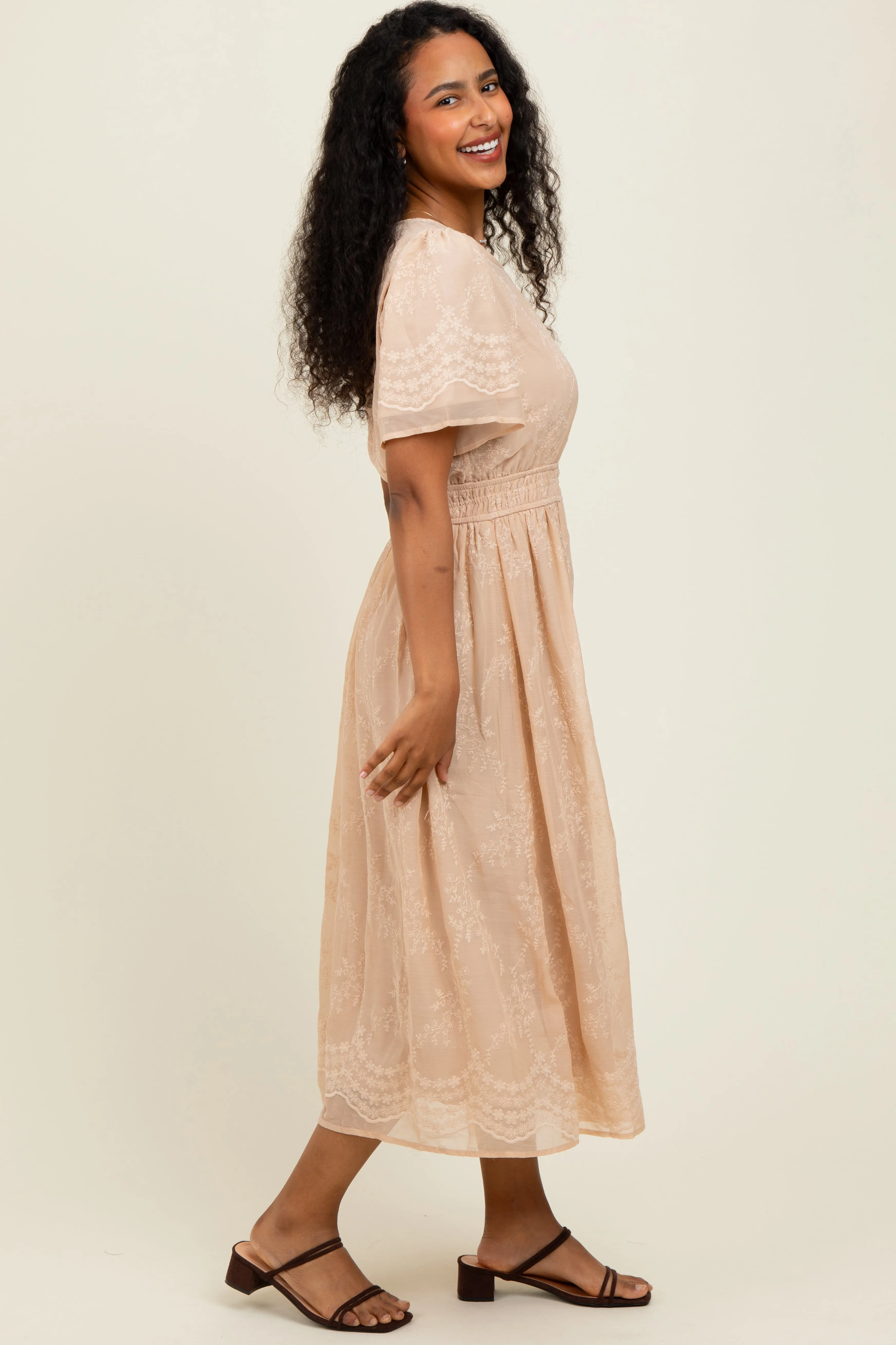 Beige Floral Embroidered Midi Dress sold by Pinkblush product image thumbnail 3