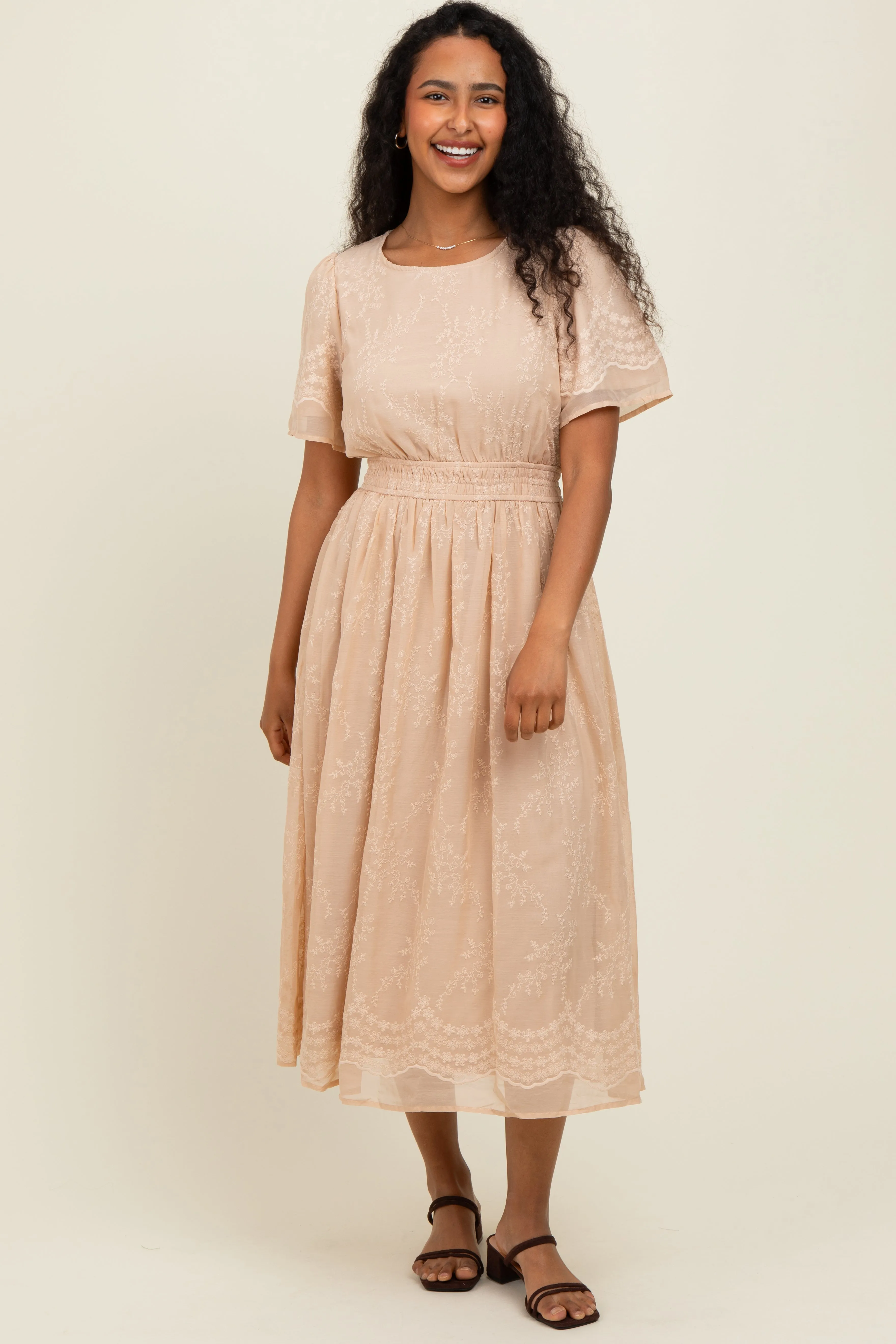 Beige Floral Embroidered Midi Dress sold by Pinkblush