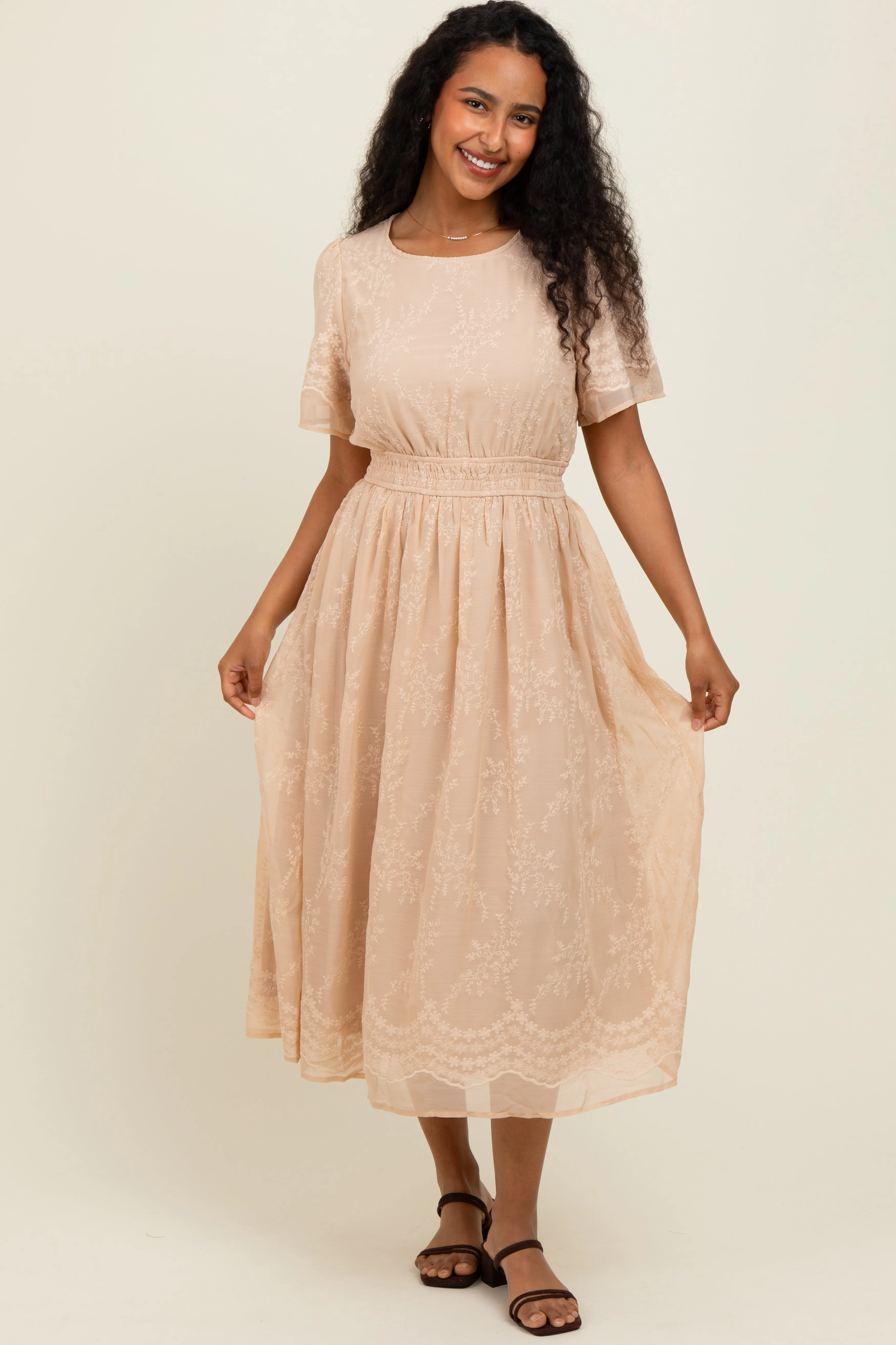 Beige Floral Embroidered Midi Dress sold by Pinkblush product image thumbnail 2