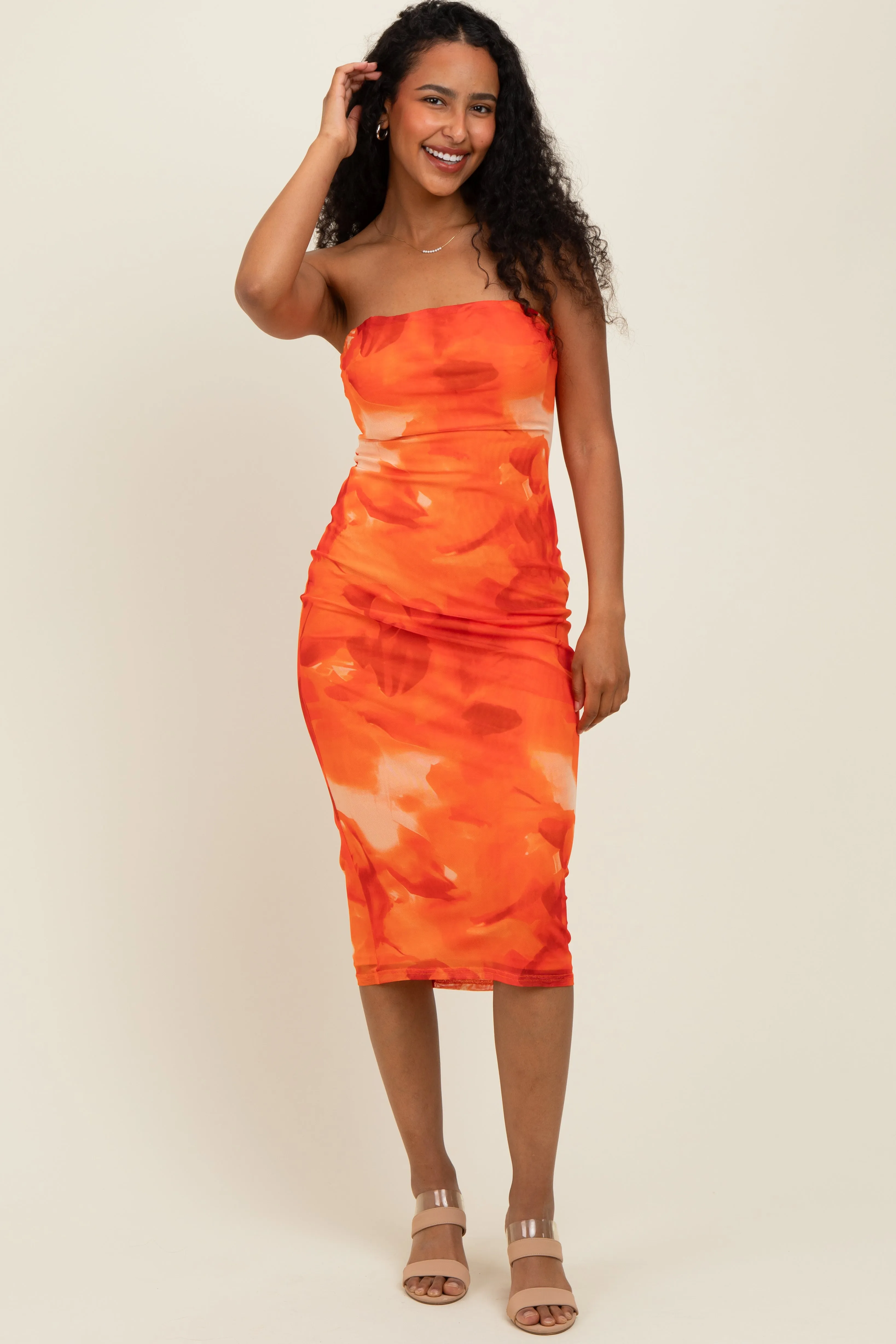 Orange Mesh Abstract Print Strapless Midi Dress sold by Pinkblush product image thumbnail 2