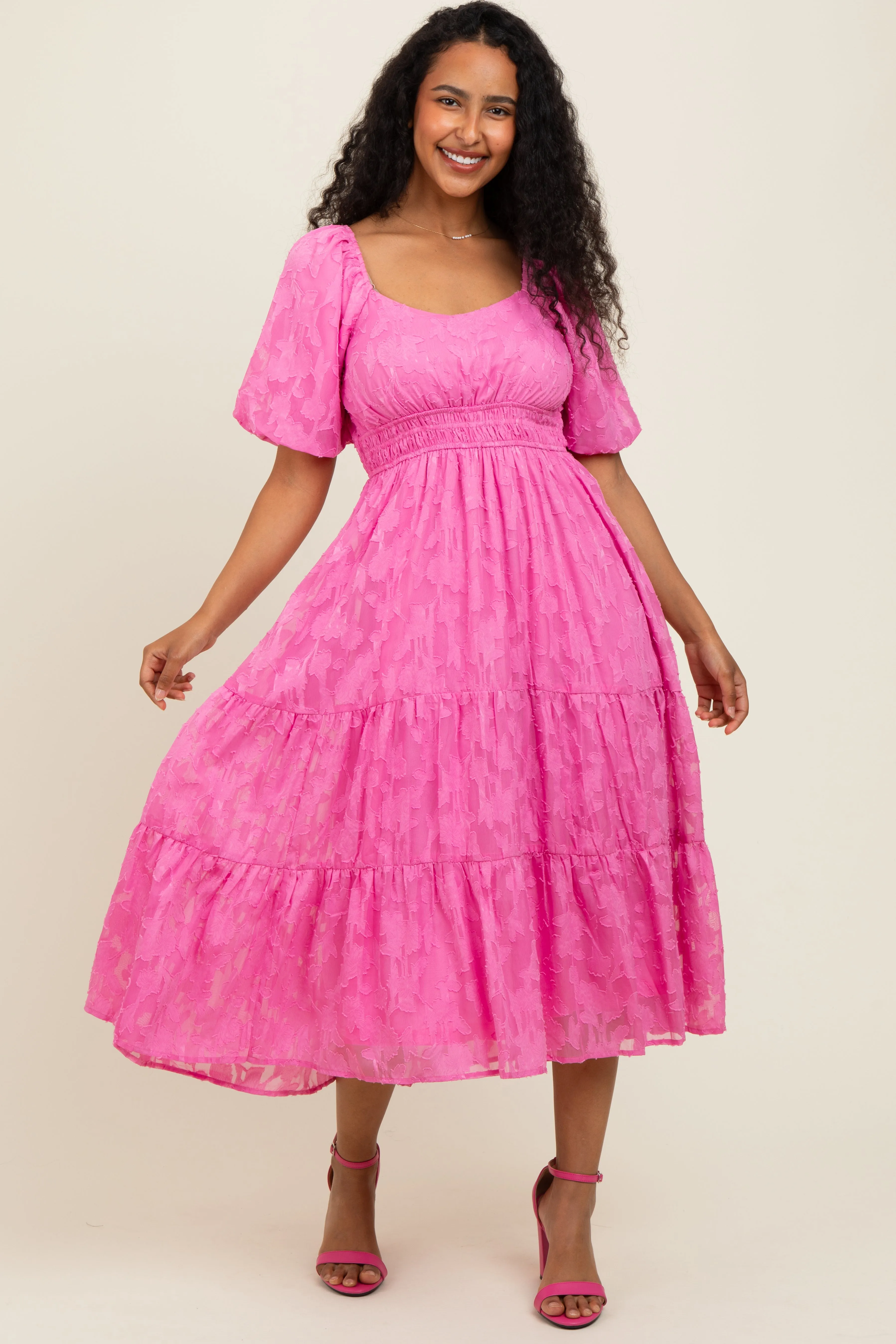 Pink Textured Floral Short Sleeve Midi Dress sold by Pinkblush product image thumbnail 2