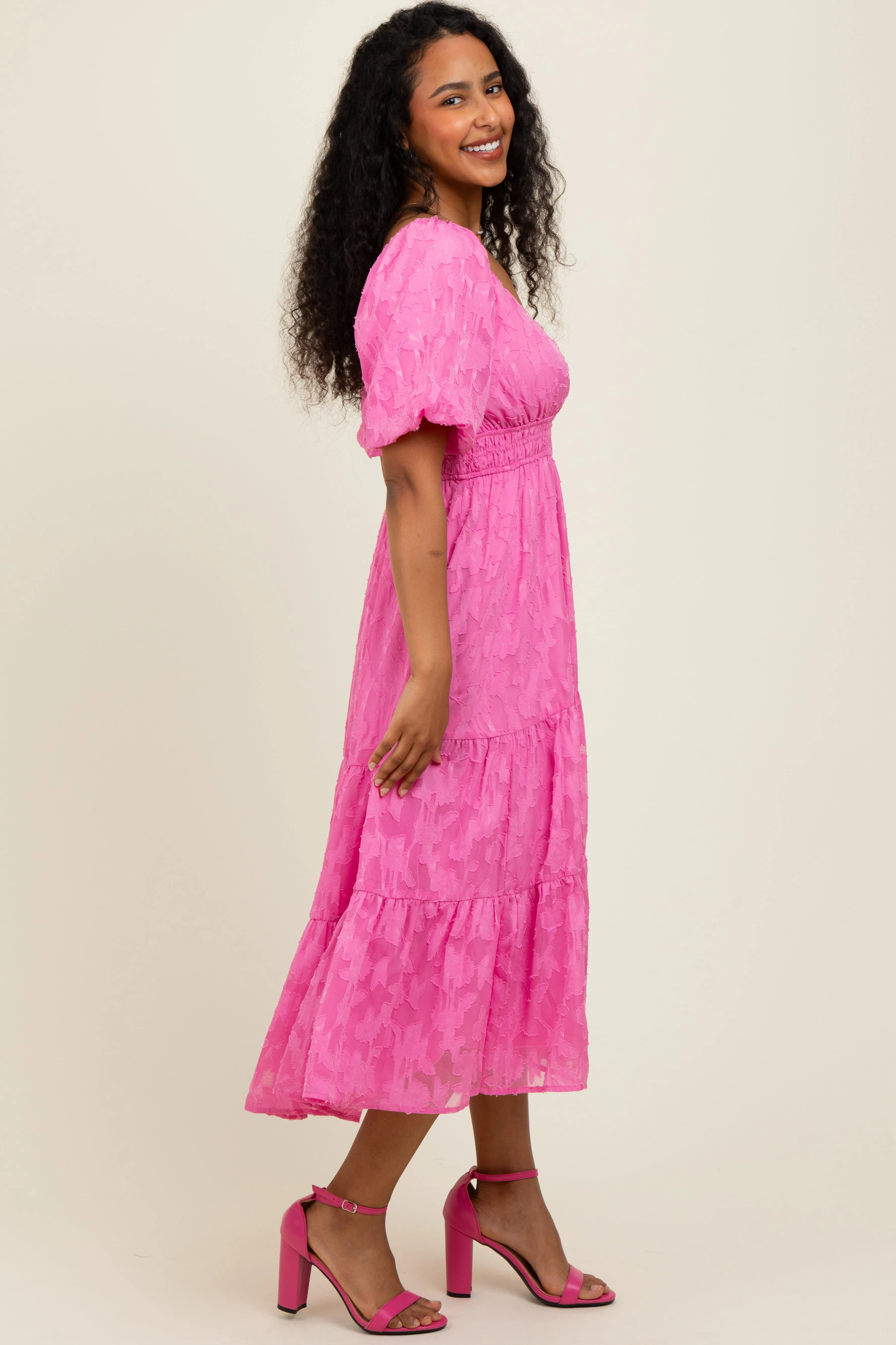 Pink Textured Floral Short Sleeve Midi Dress sold by Pinkblush product image thumbnail 3