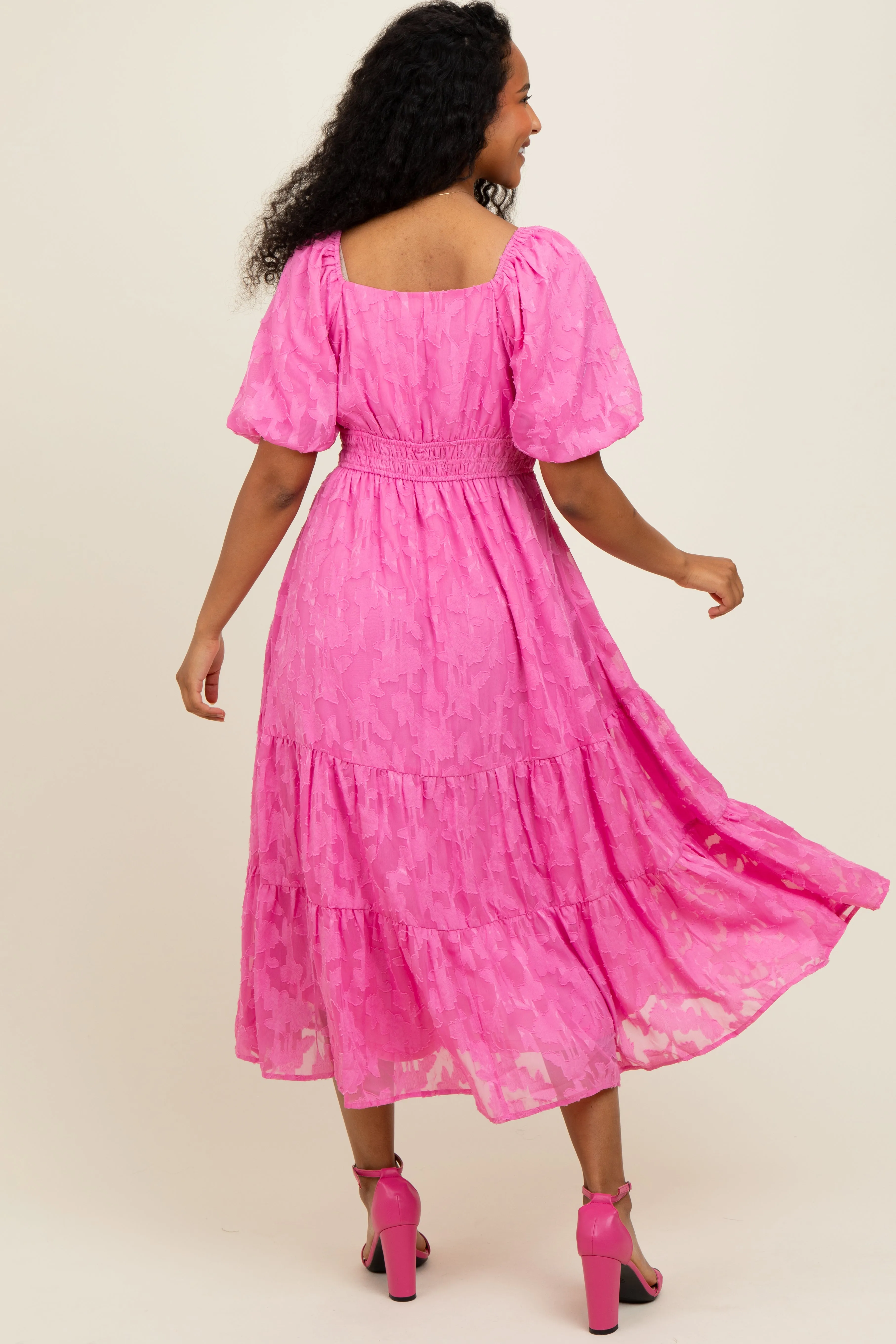 Pink Textured Floral Short Sleeve Midi Dress sold by Pinkblush product image thumbnail 4