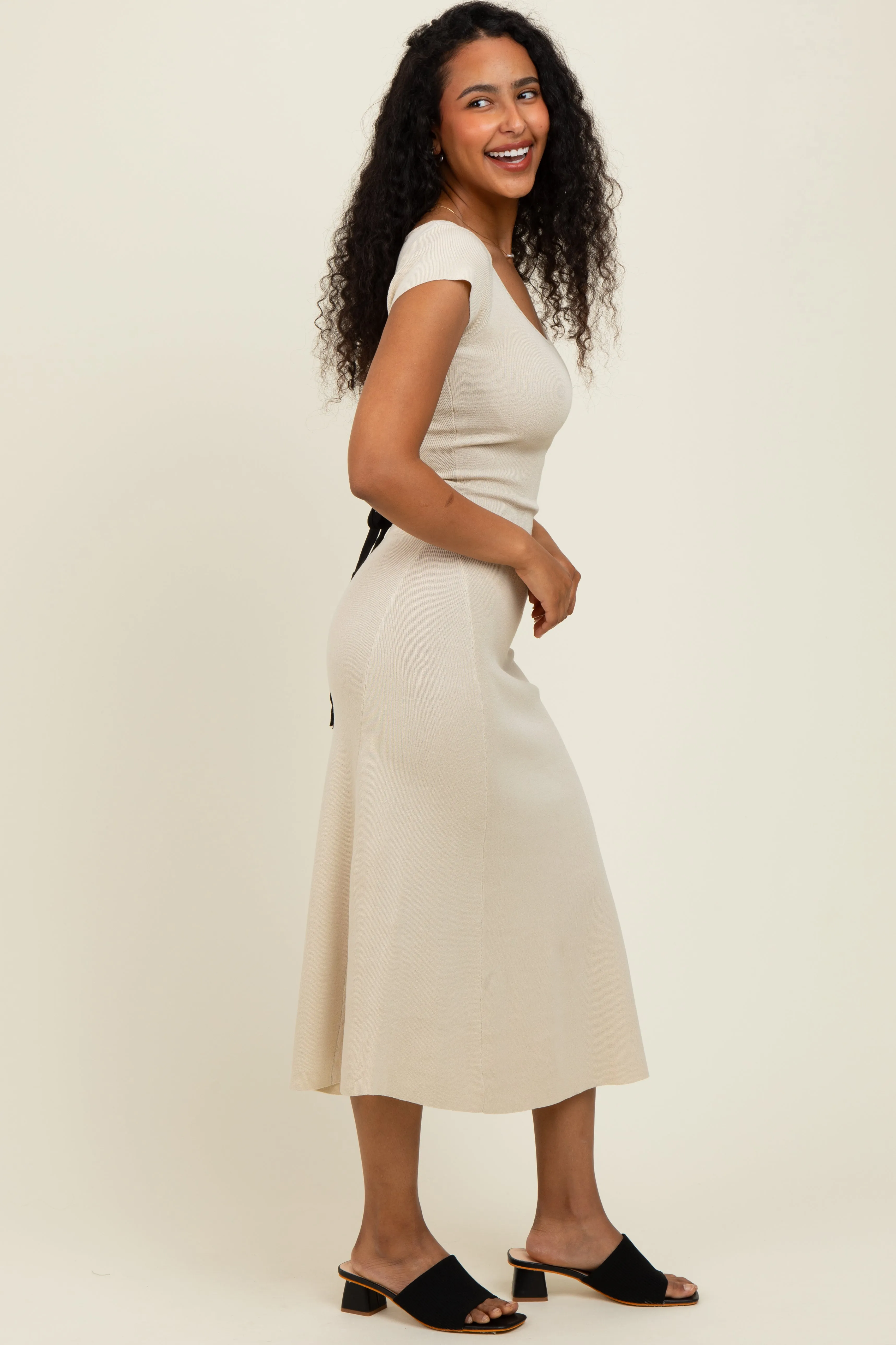 Cream/Black Short Cap Sleeve Tie Back Sweater Midi Dress sold by Pinkblush product image thumbnail 3