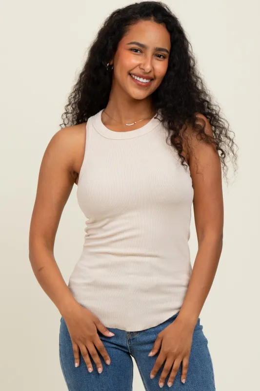 Cream Ribbed Basic Crew Neck Tank sold by Pinkblush