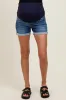 Navy Raw Cut Hem Cuffed Maternity Jean Shorts sold by Pinkblush