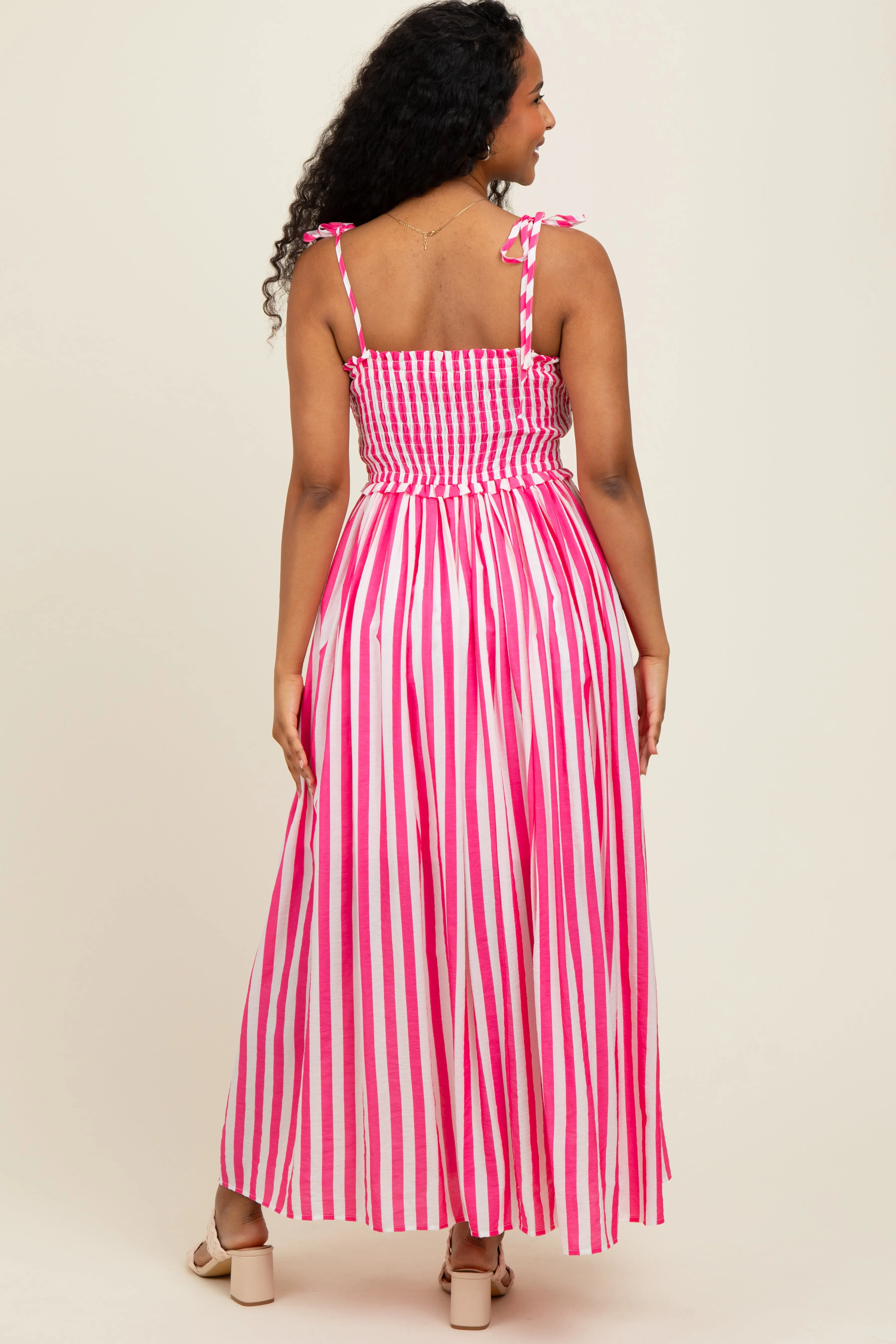 Pink Striped Smocked Shoulder Tie Midi Dress sold by Pinkblush product image thumbnail 4