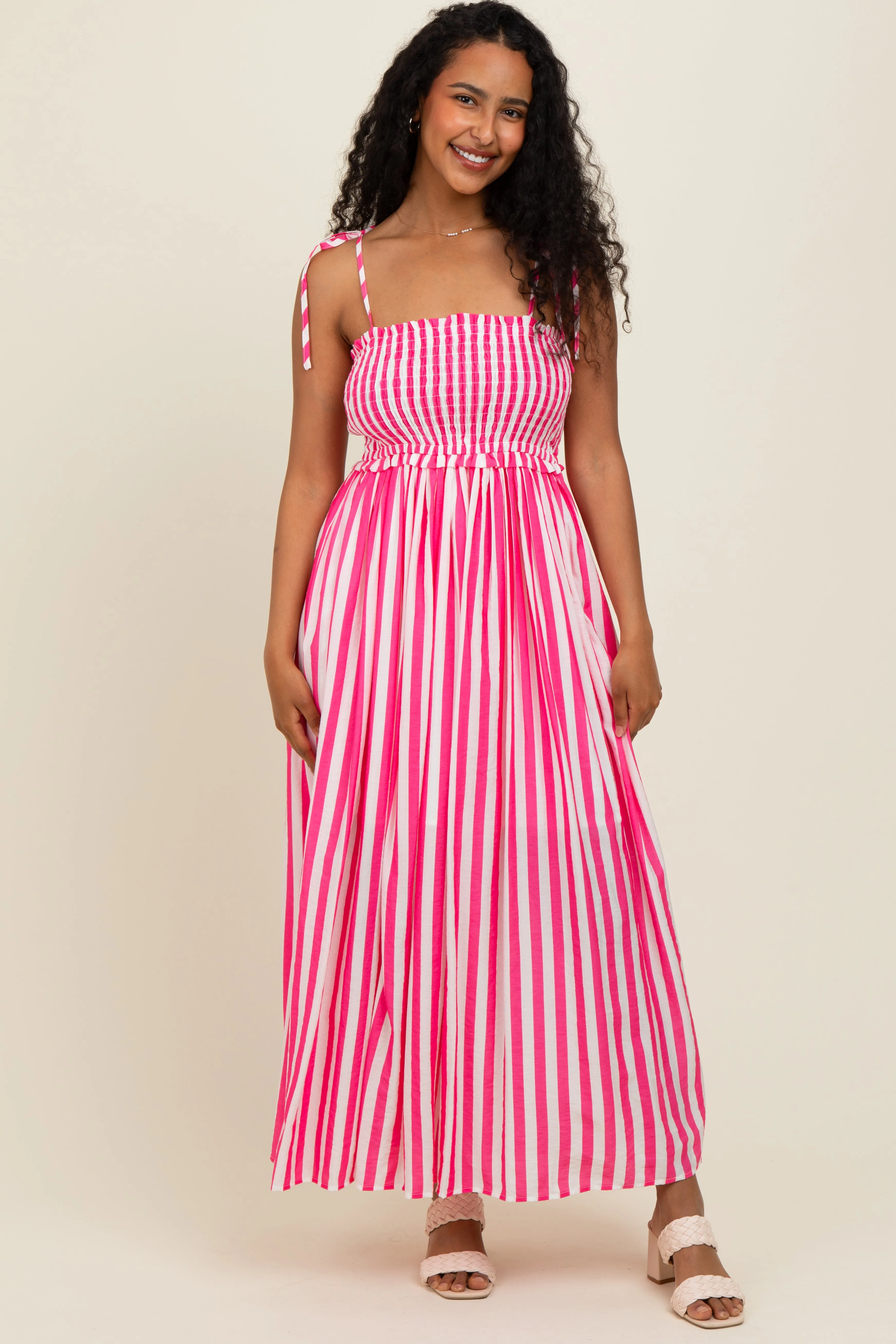 Pink Striped Smocked Shoulder Tie Midi Dress sold by Pinkblush