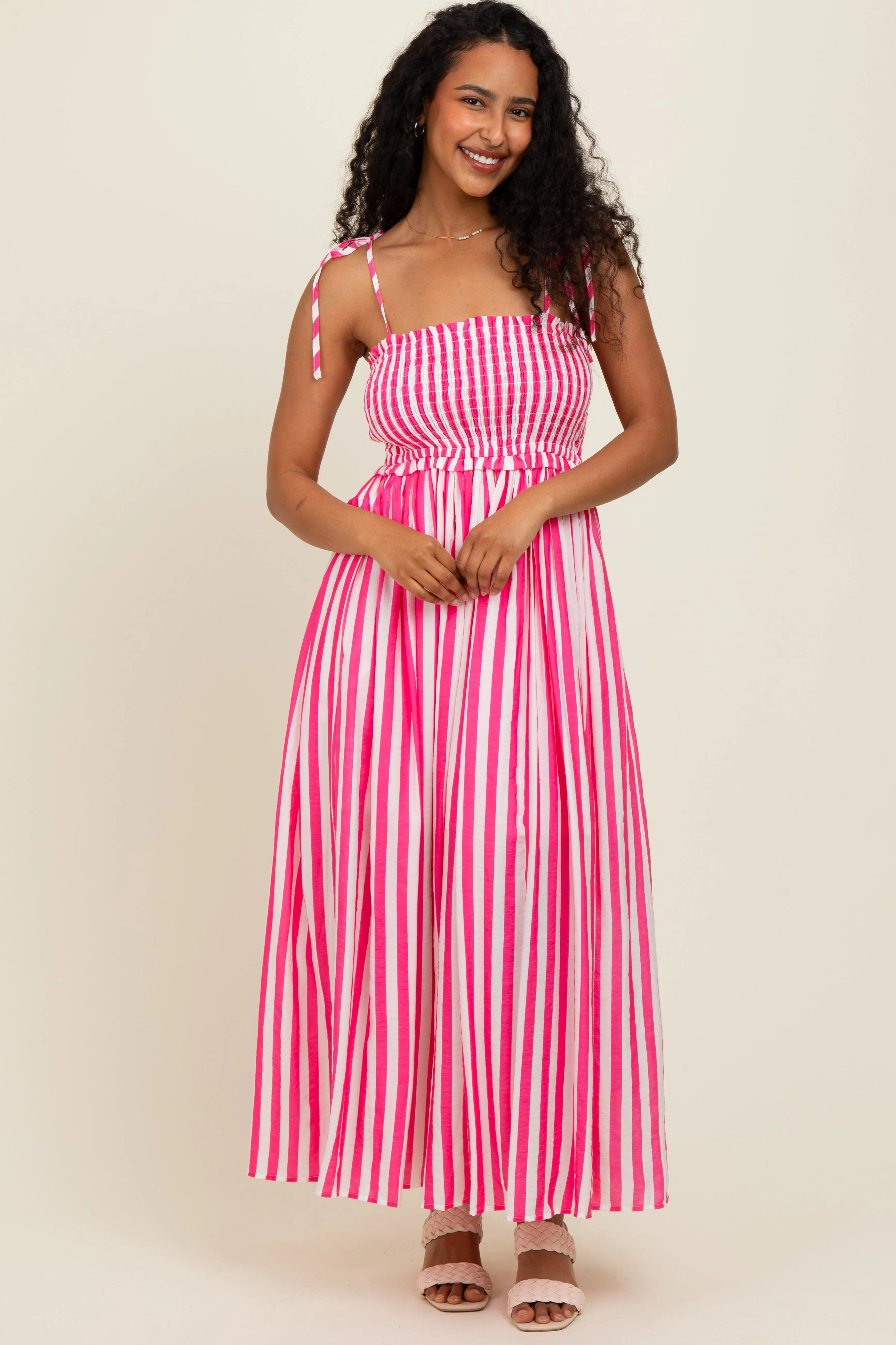 Pink Striped Smocked Shoulder Tie Midi Dress sold by Pinkblush product image thumbnail 2