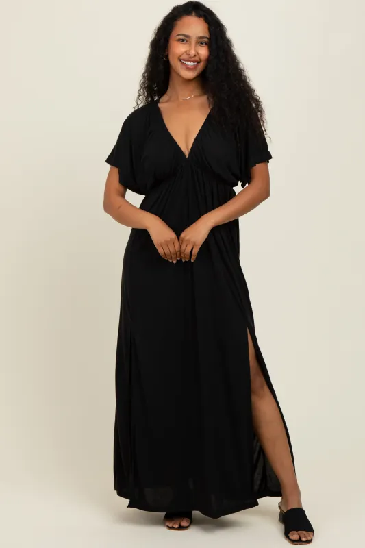 Black V-Neck Flutter Sleeve Side Slit Maxi Dress sold by Pinkblush