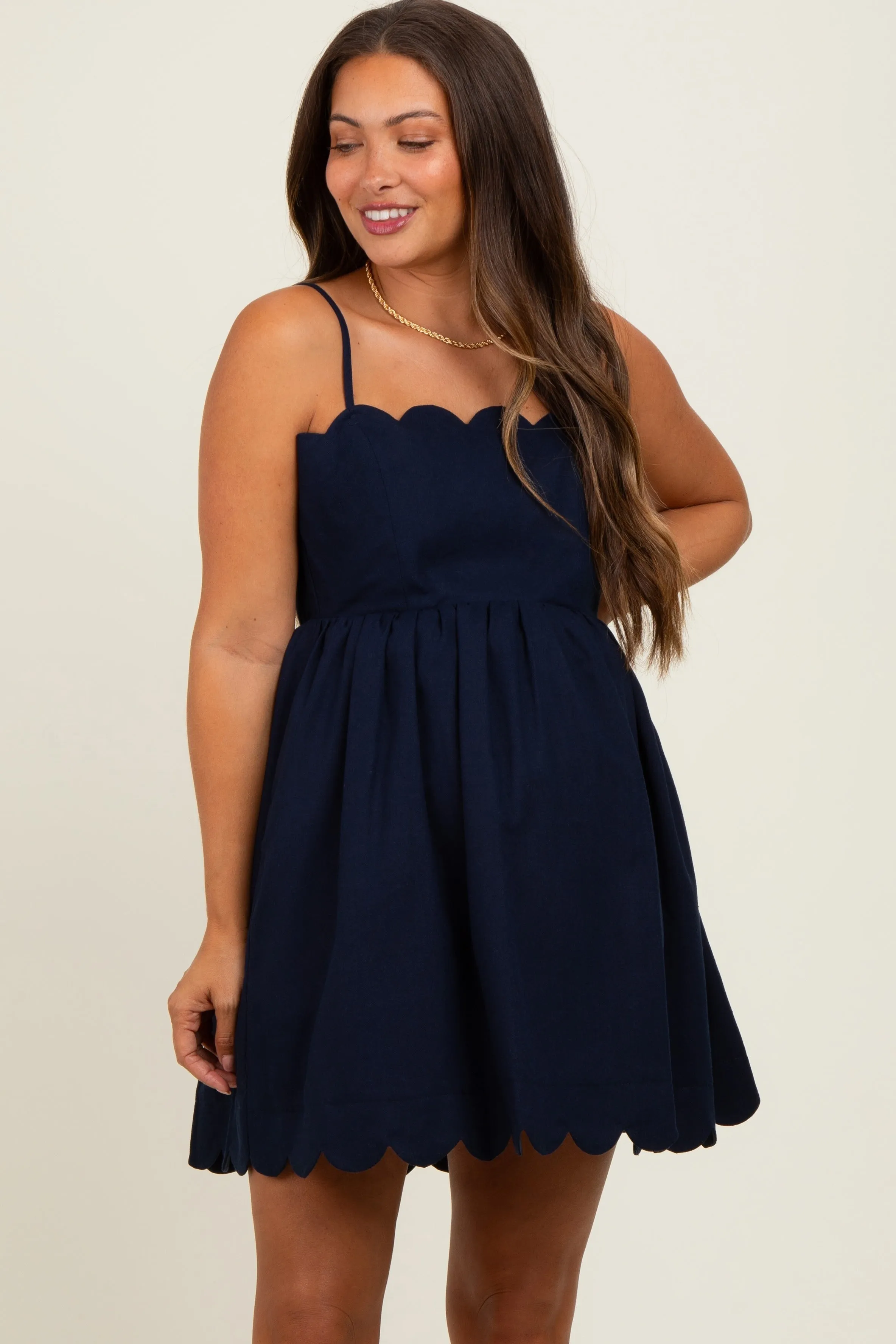 Navy Scallop Edge Cutout Tie Back Maternity Mini Dress sold by Pinkblush