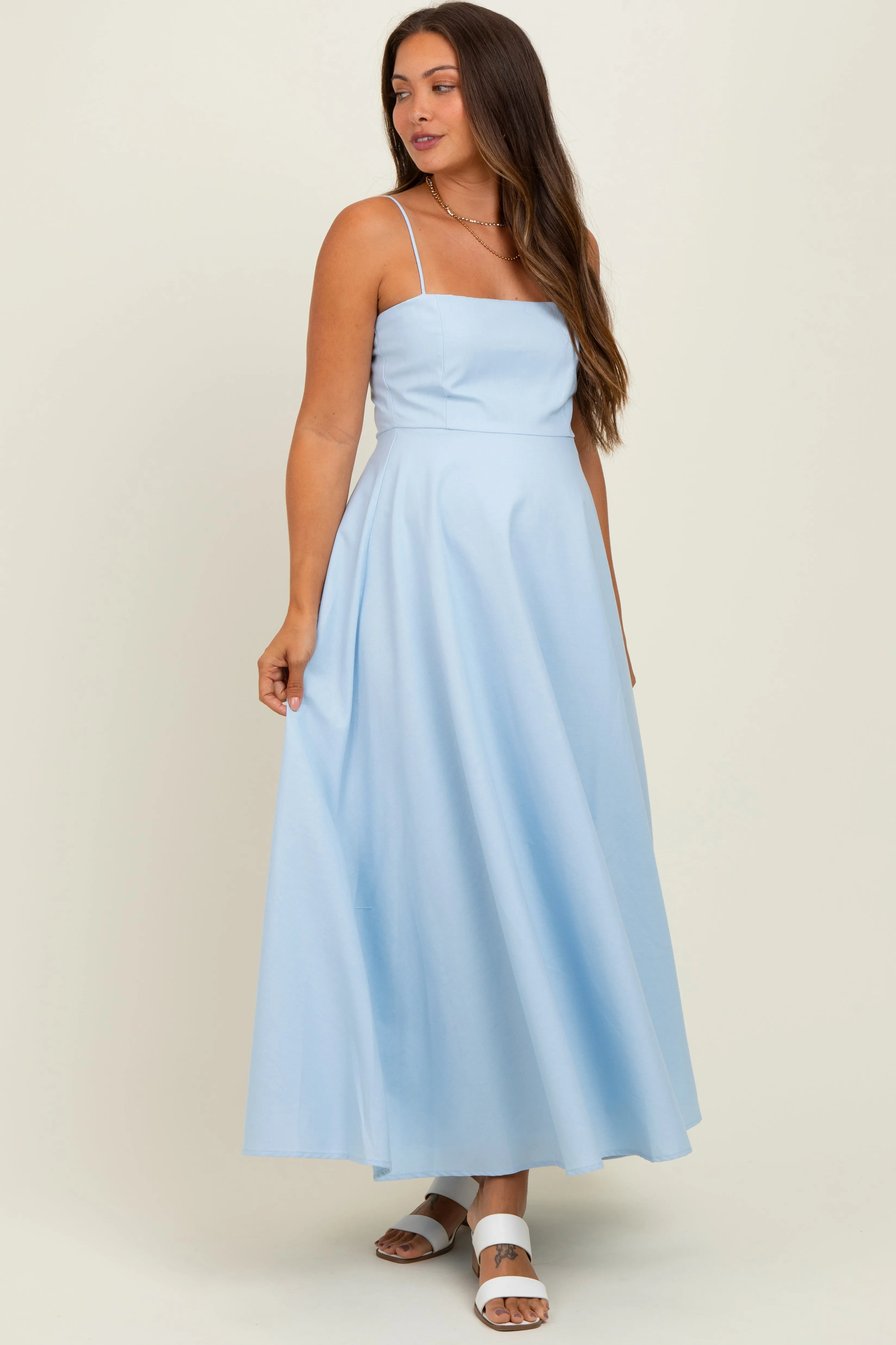 Light Blue Linen A-Line Flared Maternity Midi Dress sold by Pinkblush product image thumbnail 2