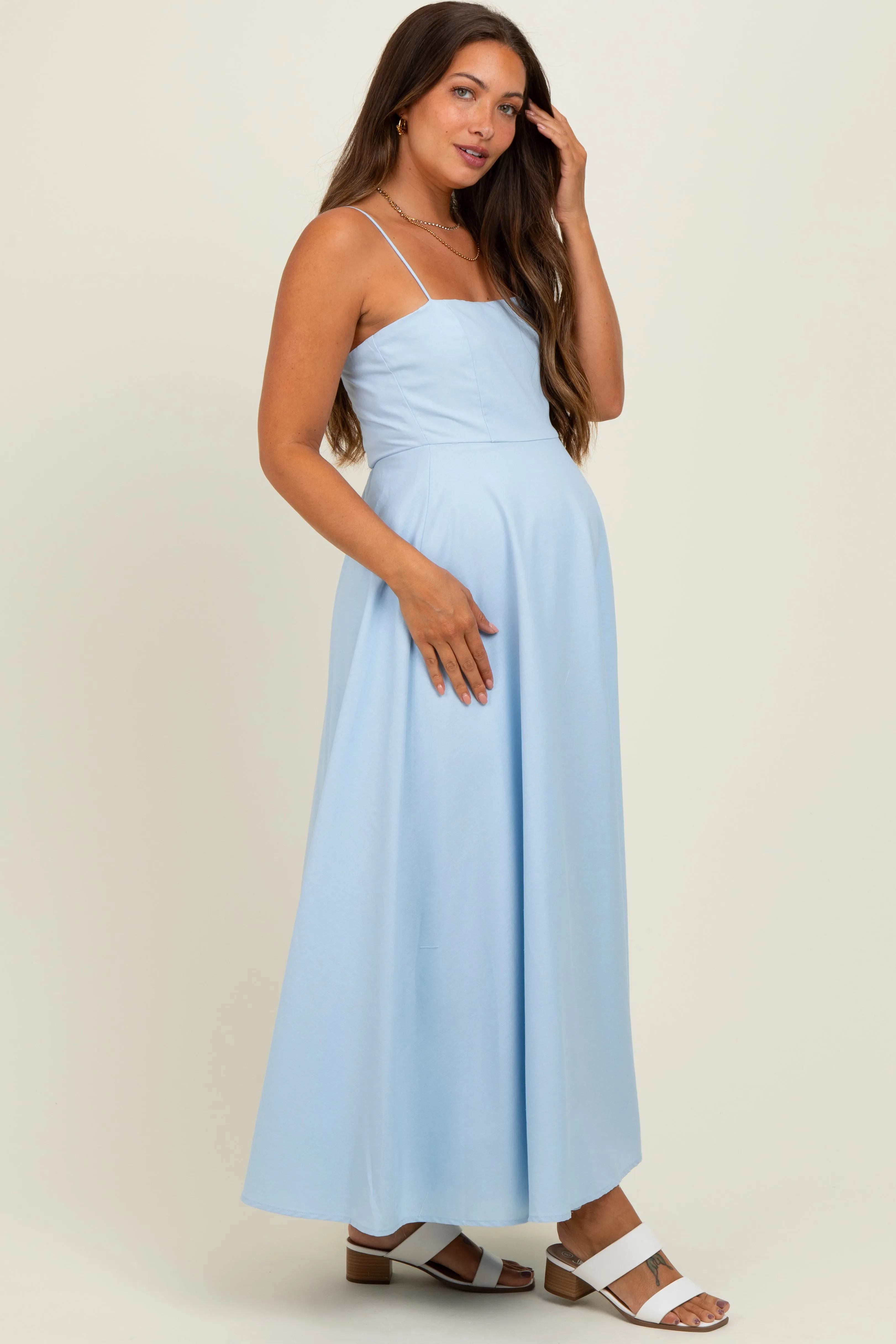 Light Blue Linen A-Line Flared Maternity Midi Dress sold by Pinkblush product image thumbnail 3