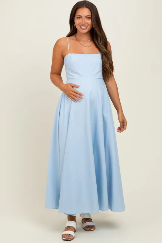 Light Blue Linen A-Line Flared Maternity Midi Dress sold by Pinkblush