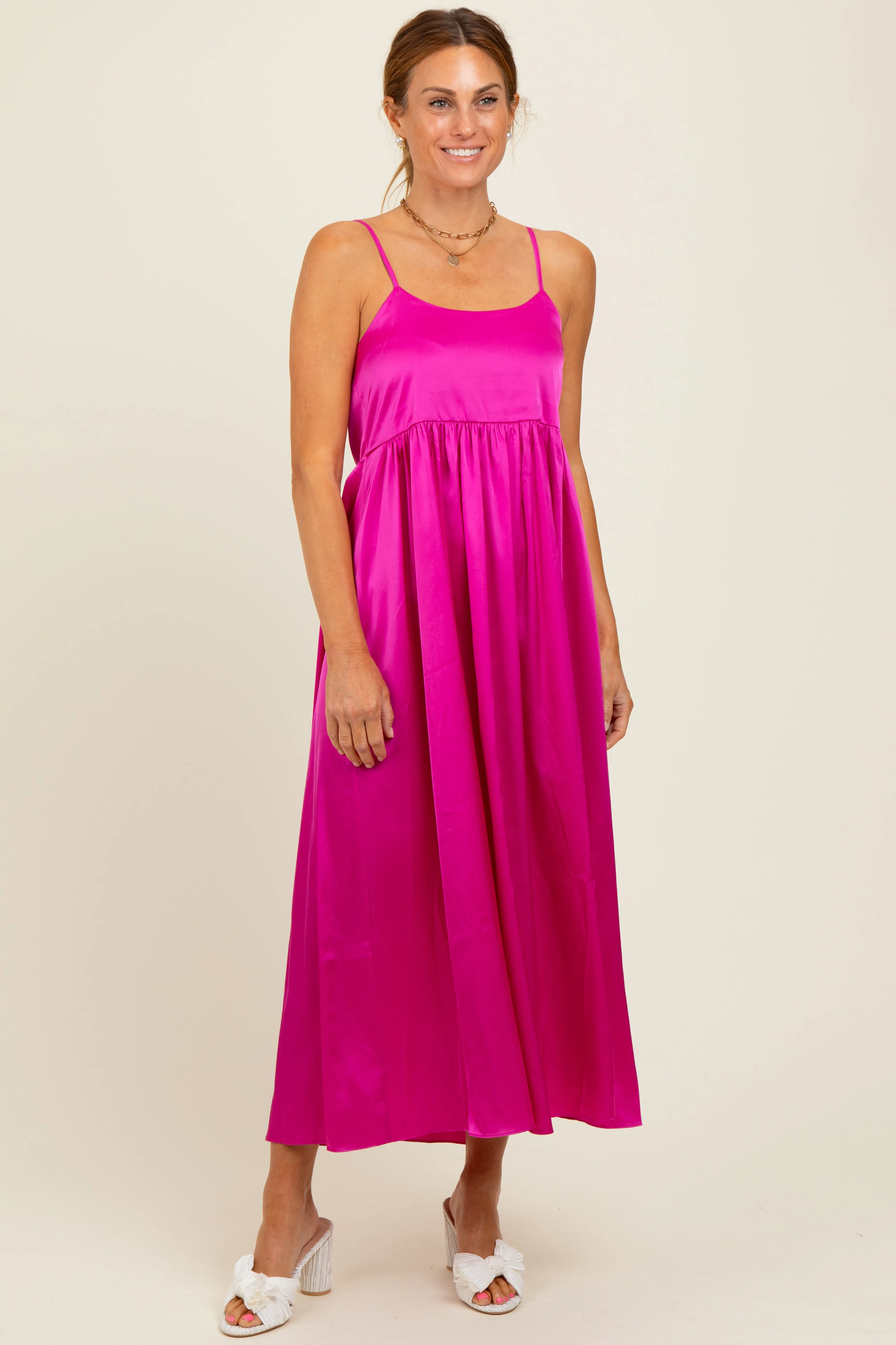 Fuchsia Satin Sleeveless Tie-Back Maternity Midi Dress sold by Pinkblush product image thumbnail 4