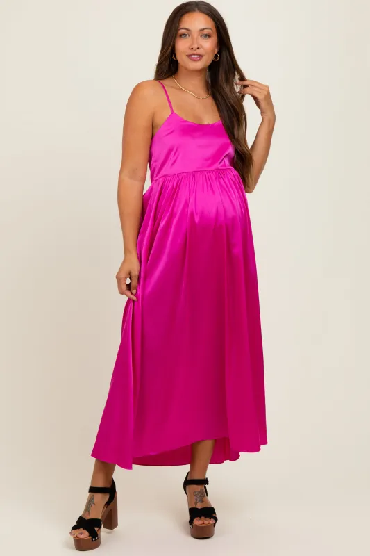 Fuchsia Satin Sleeveless Tie-Back Maternity Midi Dress sold by Pinkblush