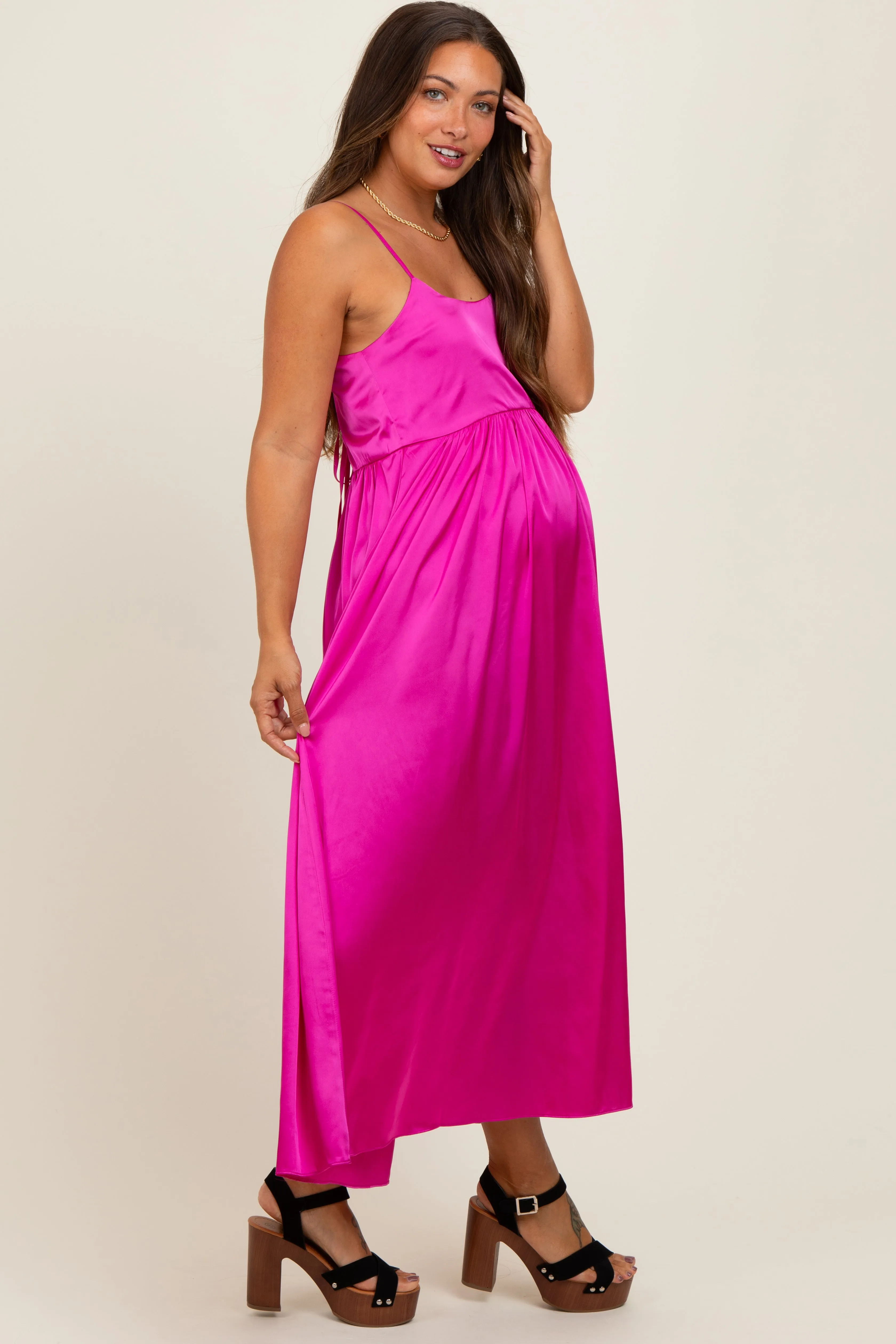 Fuchsia Satin Sleeveless Tie-Back Maternity Midi Dress sold by Pinkblush product image thumbnail 2