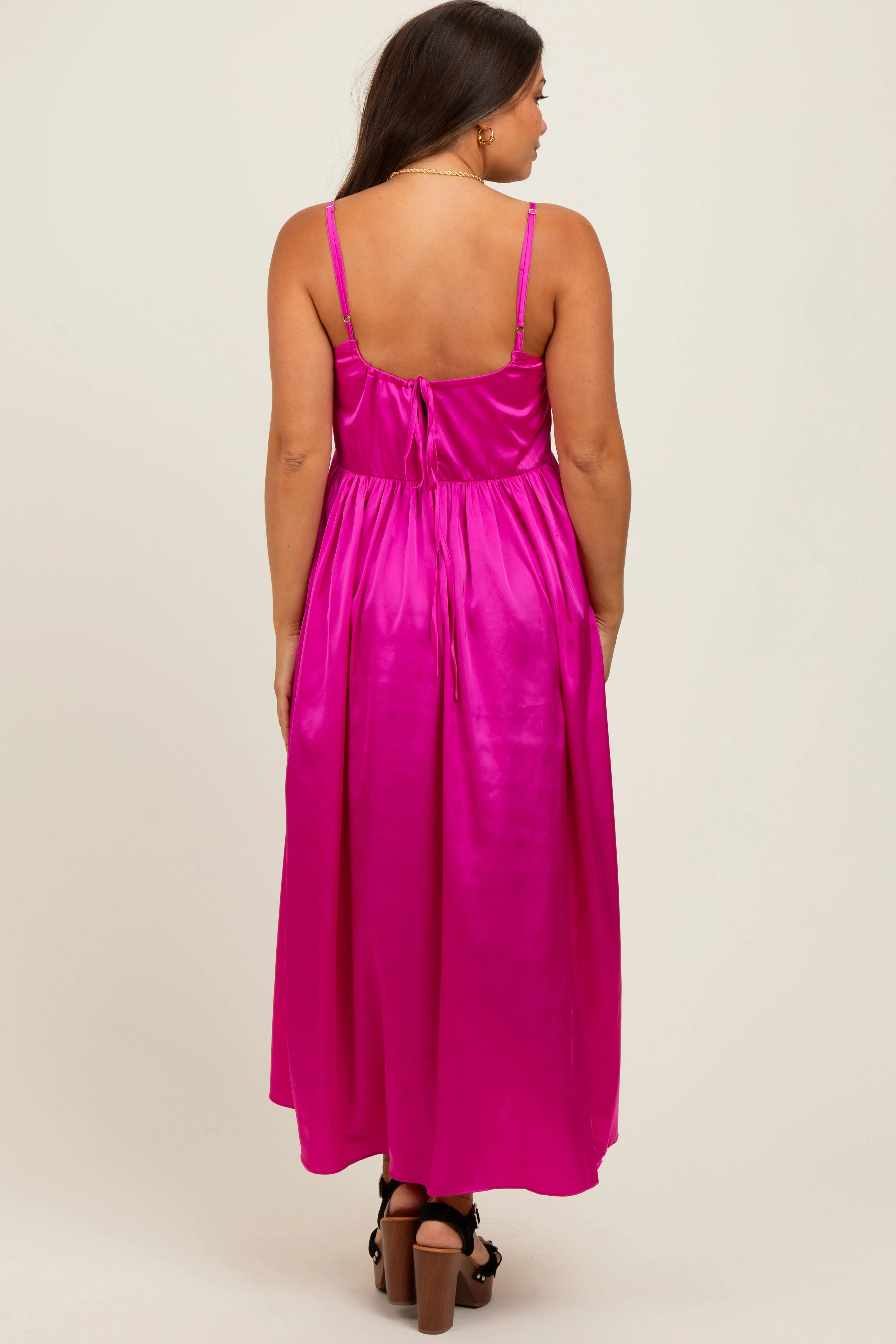 Fuchsia Satin Sleeveless Tie-Back Maternity Midi Dress sold by Pinkblush product image thumbnail 3