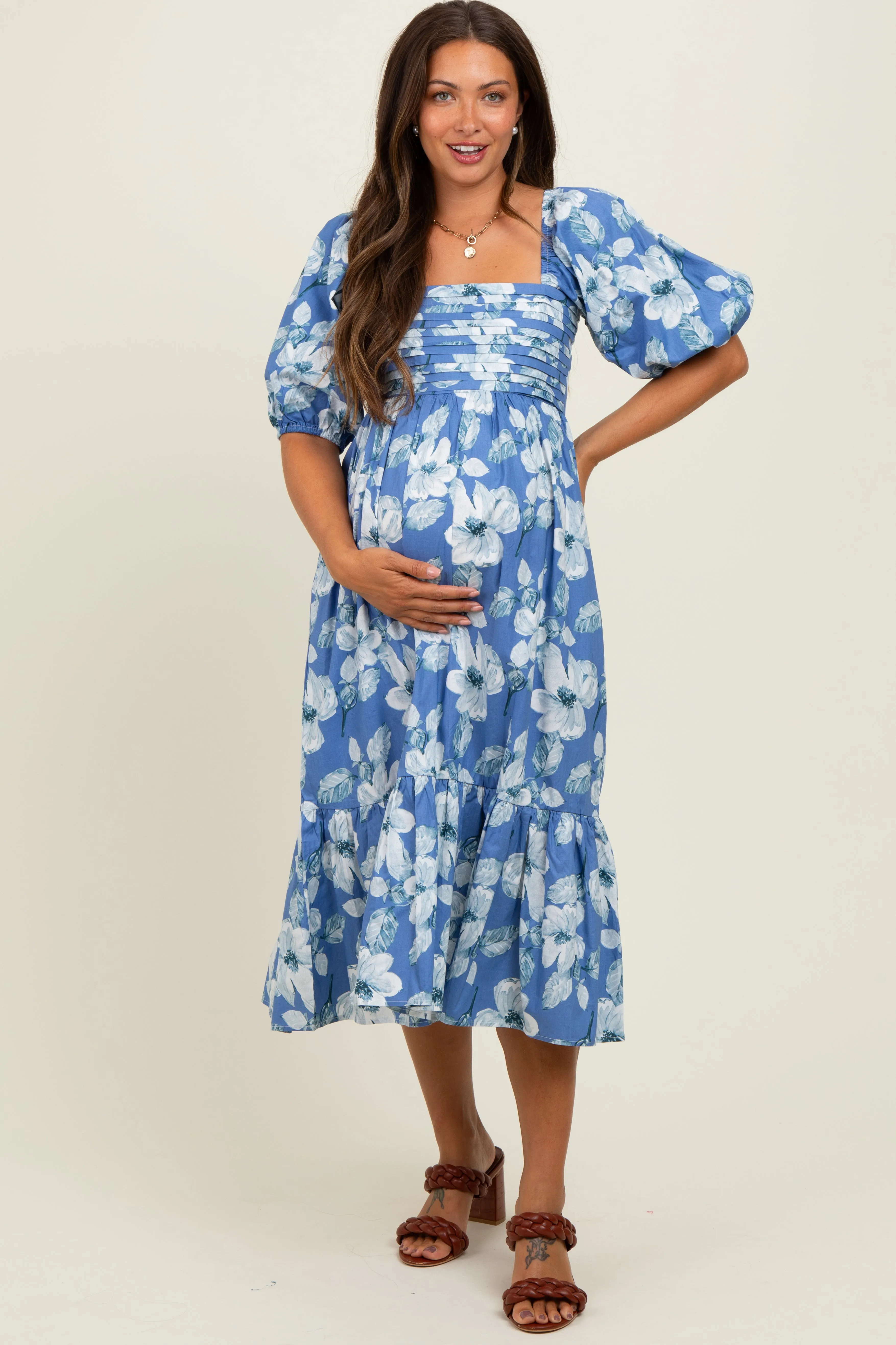 Blue Floral Pleated Bodice Maternity Midi Dress sold by Pinkblush product image thumbnail 2