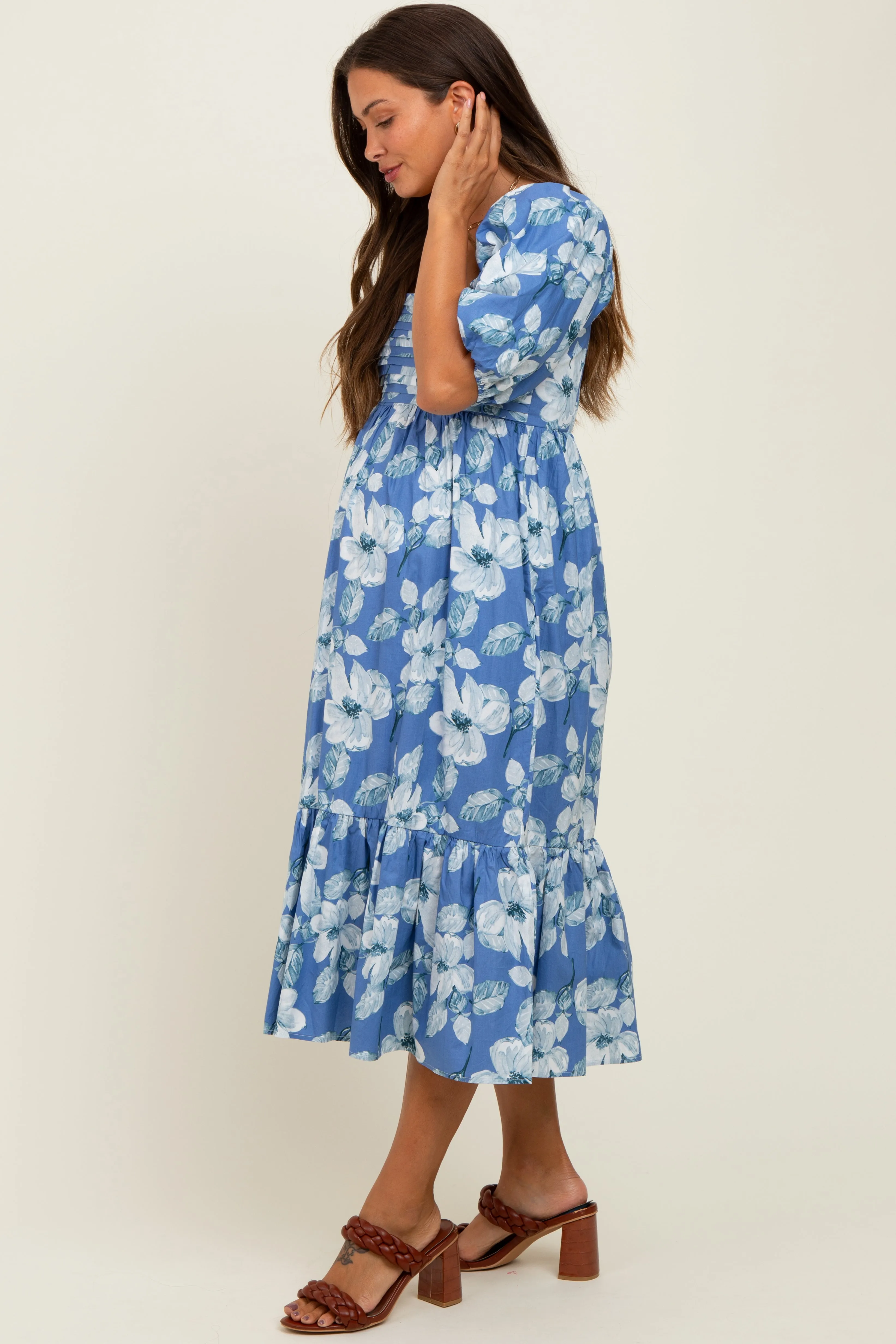 Blue Floral Pleated Bodice Maternity Midi Dress sold by Pinkblush product image thumbnail 3