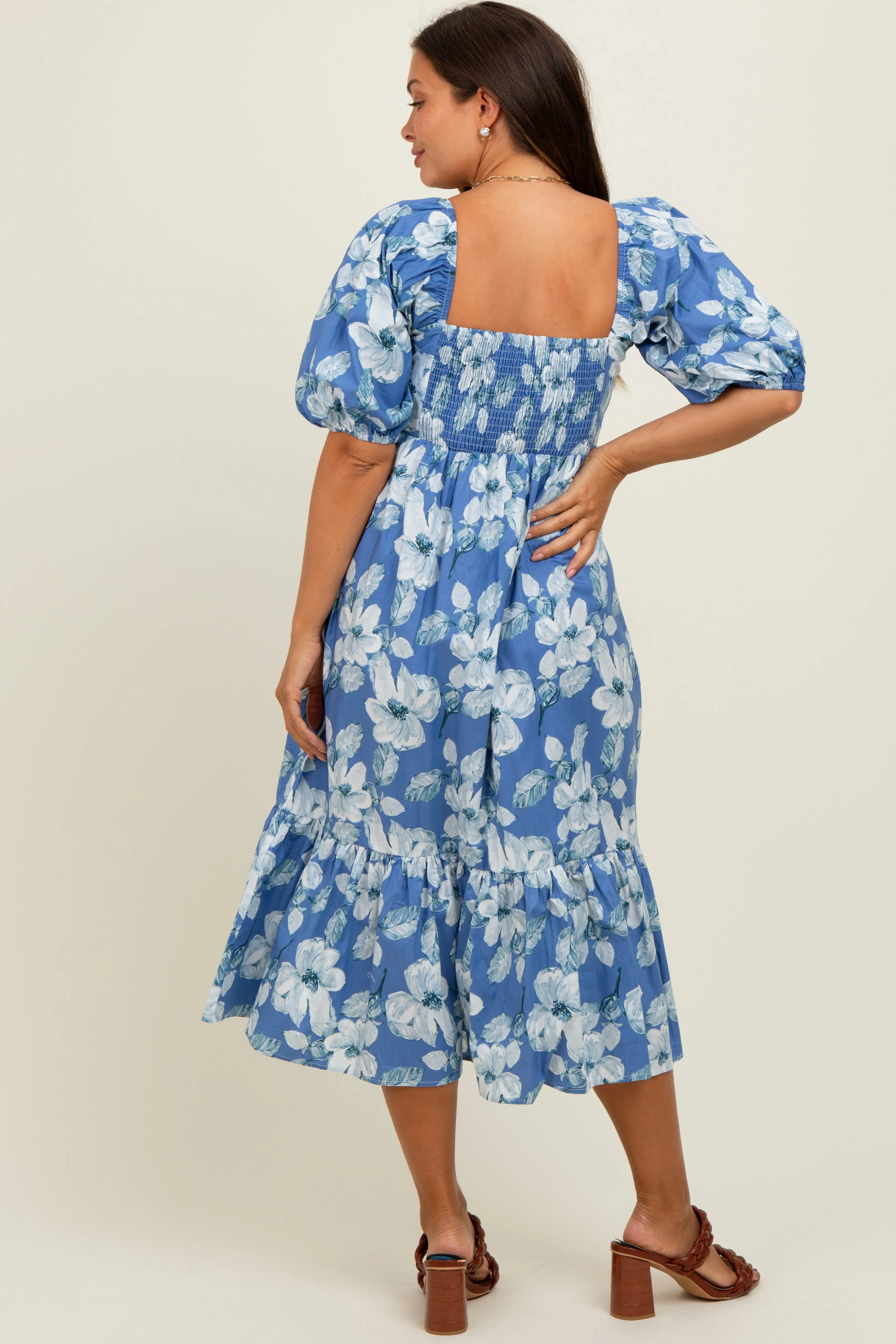Blue Floral Pleated Bodice Maternity Midi Dress sold by Pinkblush product image thumbnail 4