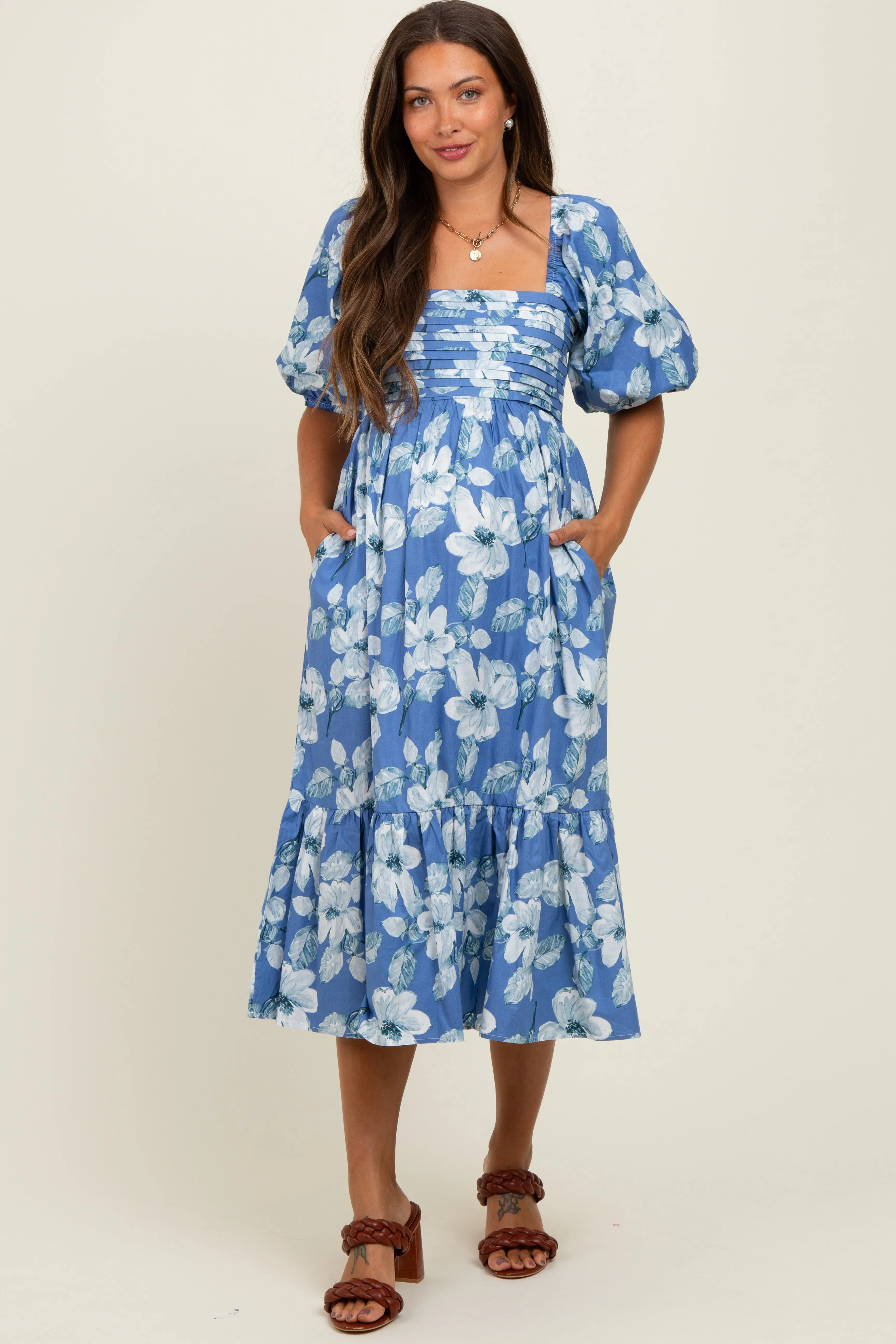 Blue Floral Pleated Bodice Maternity Midi Dress sold by Pinkblush