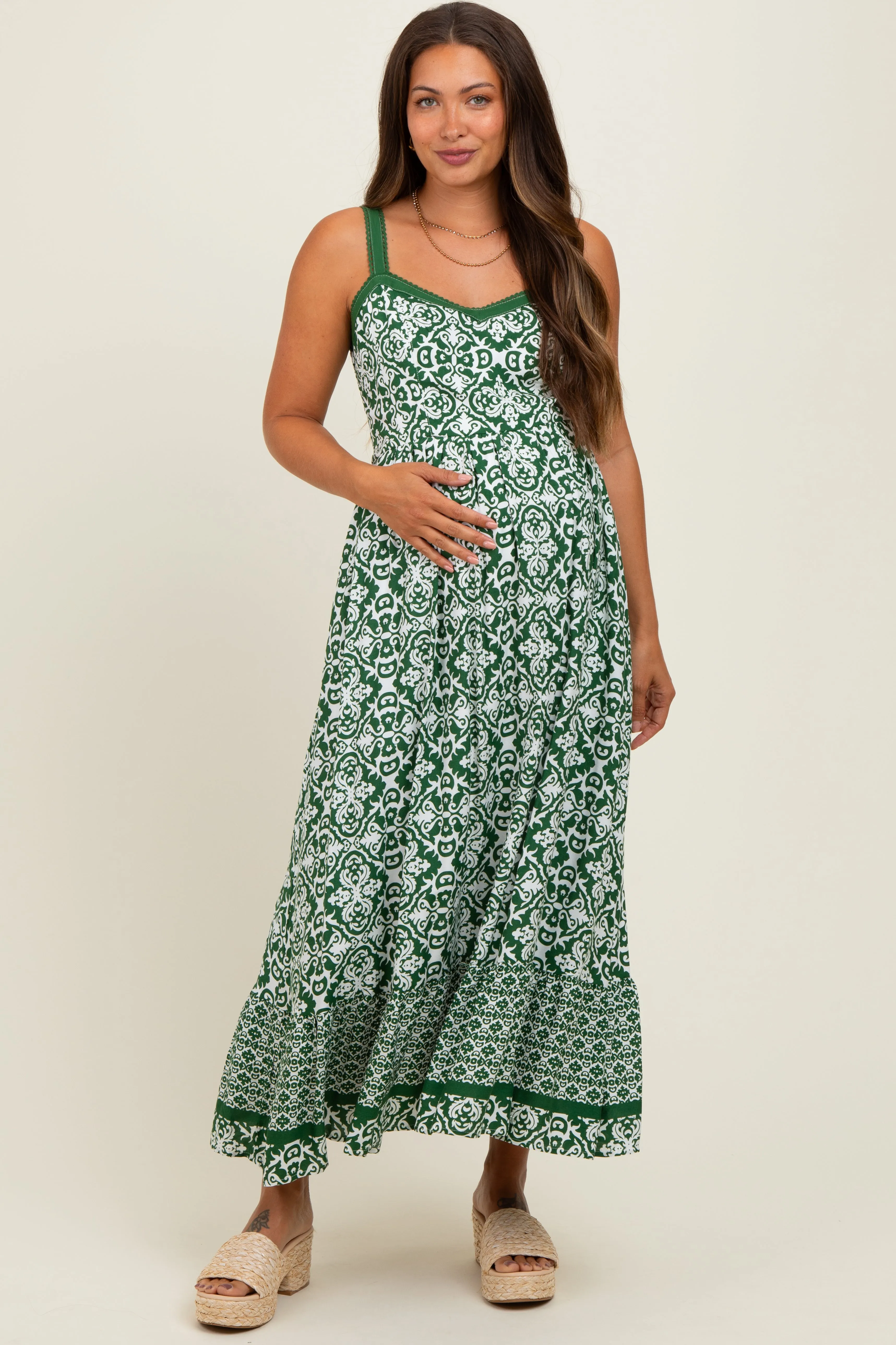 Green Sleeveless Border Print Maternity Maxi Dress sold by Pinkblush
