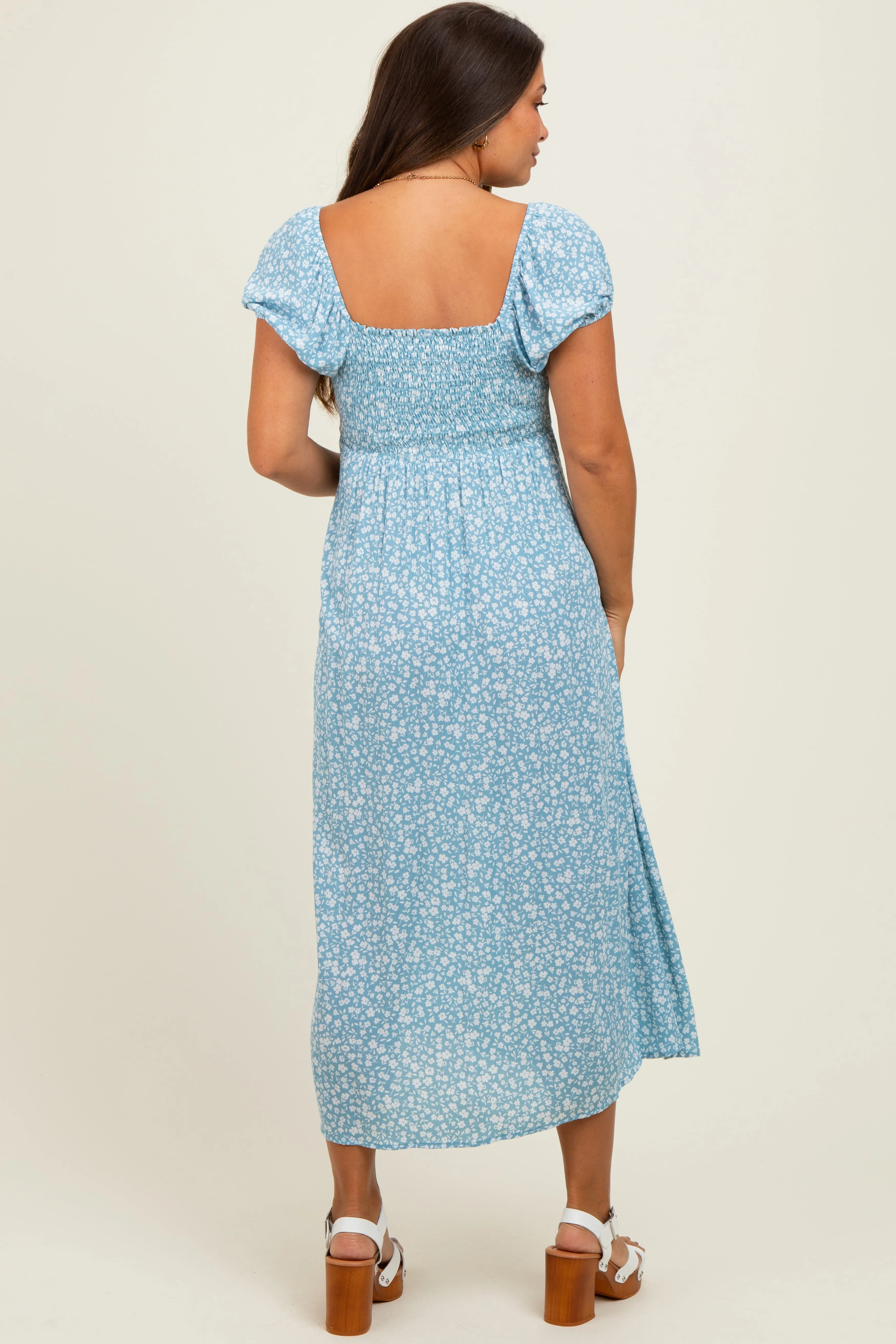 Light Blue Floral V-Neck Button Down Maternity Midi Dress sold by Pinkblush product image thumbnail 4