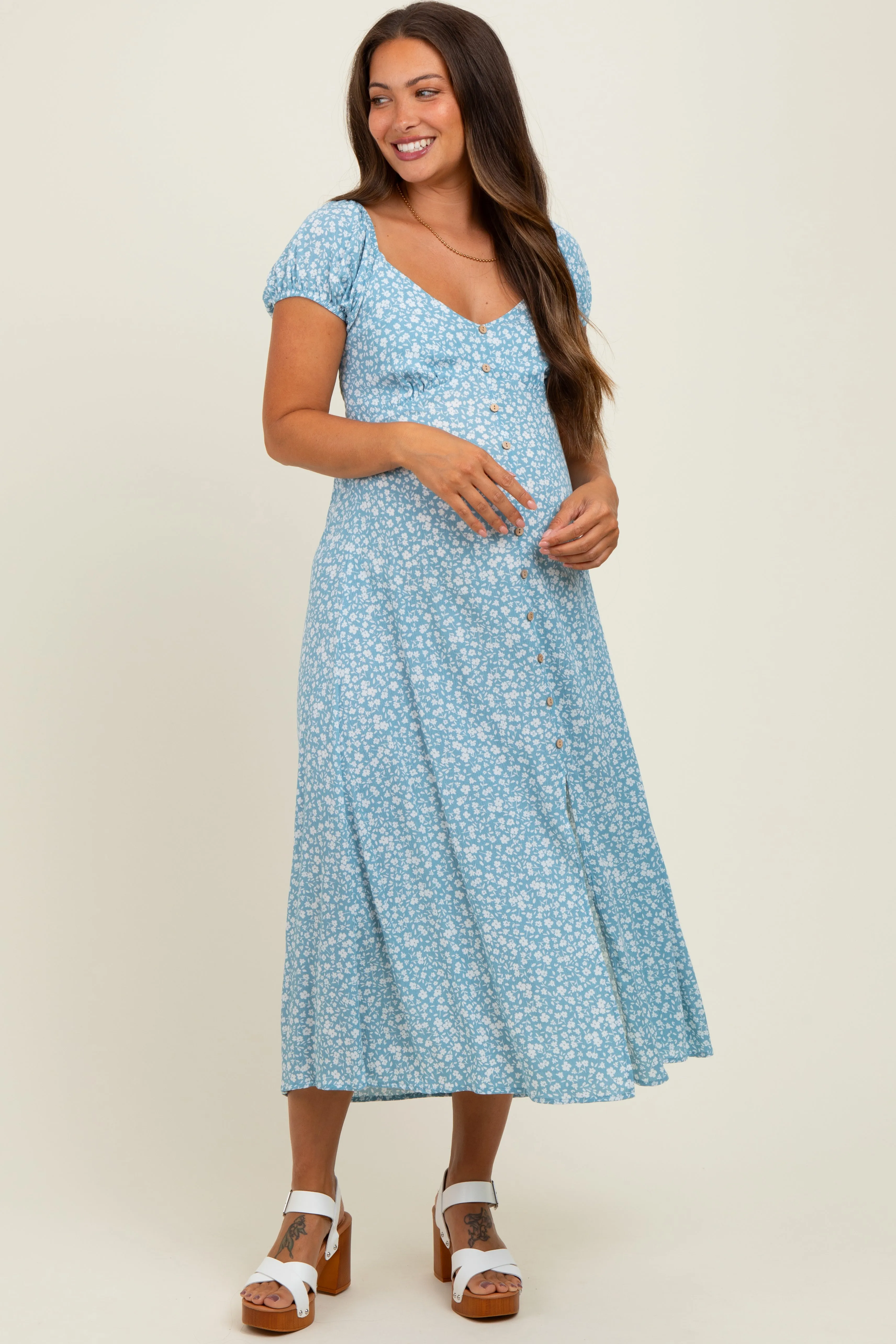 Light Blue Floral V-Neck Button Down Maternity Midi Dress sold by Pinkblush