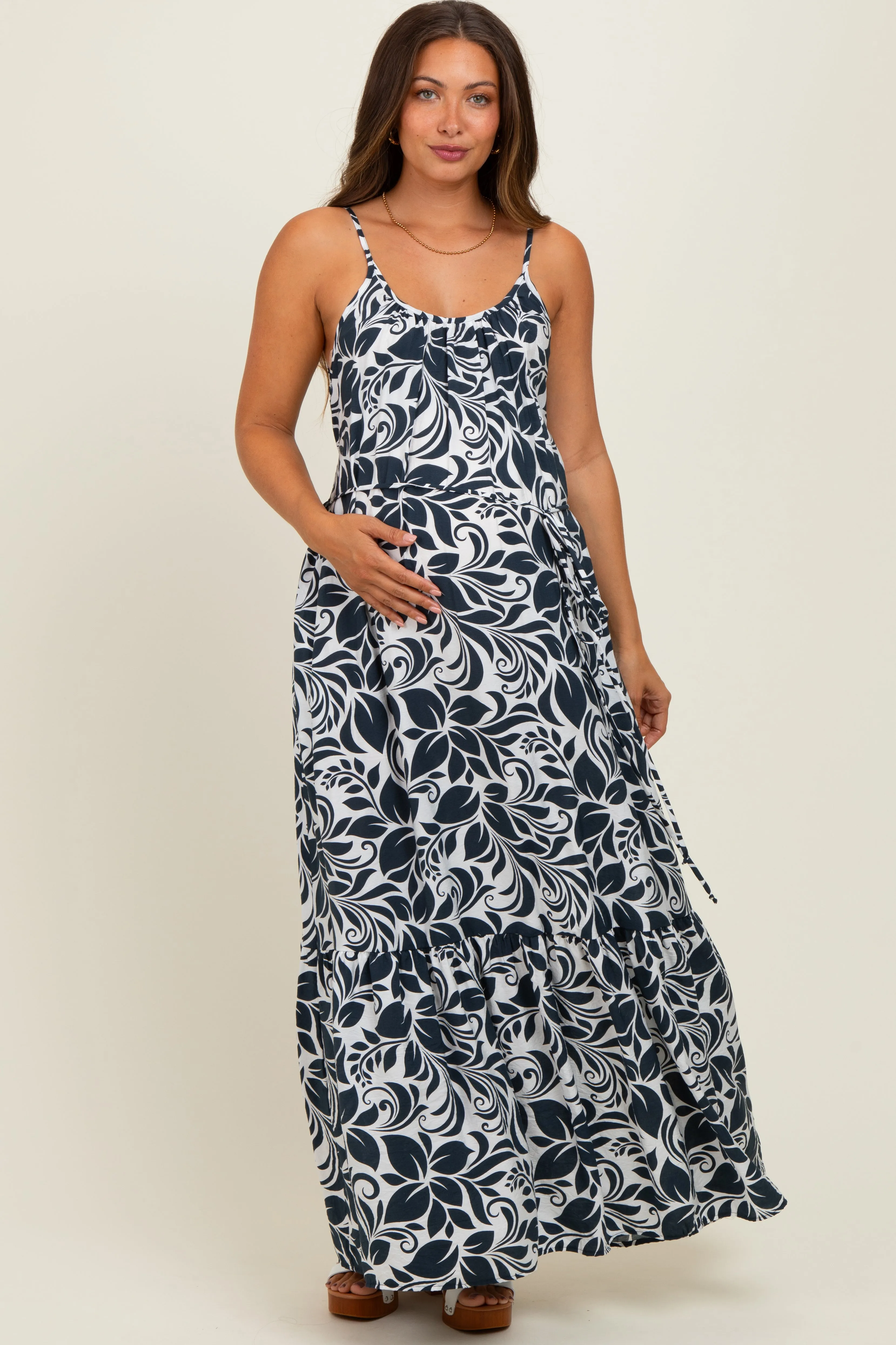 Charcoal Floral Waist Tie Maternity Maxi Dress sold by Pinkblush