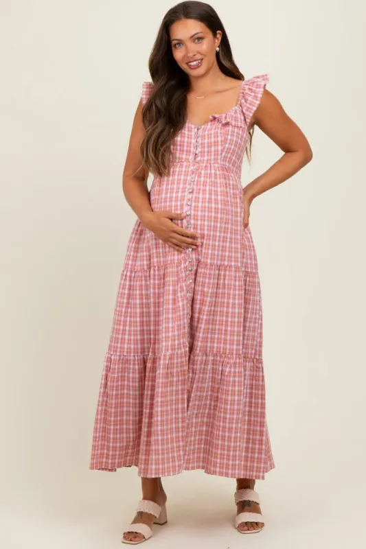 Mauve Cotton Plaid Maternity Maxi Dress sold by Pinkblush