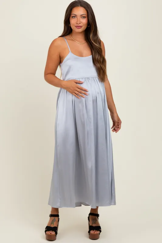 Light Grey Satin Sleeveless Tie-Back Maternity Midi Dress sold by Pinkblush