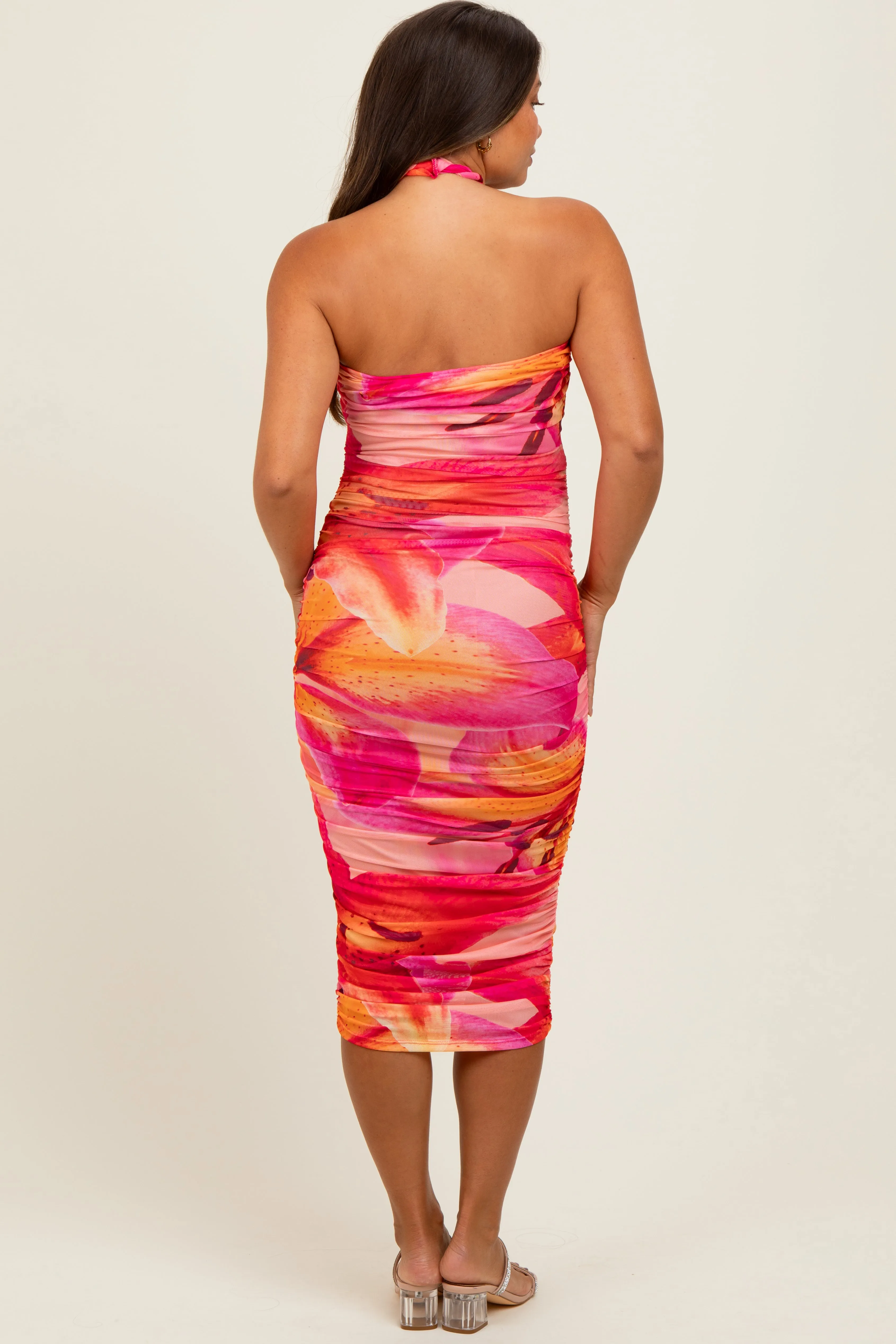 Red Flower Mesh Halter Maternity Midi Dress sold by Pinkblush product image thumbnail 4