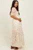 Beige Floral Print Smocked Crochet Tiered Maternity Maxi Dress sold by Pinkblush