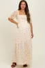 Beige Floral Print Smocked Crochet Tiered Maternity Maxi Dress sold by Pinkblush