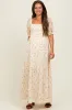 Beige Floral Print Smocked Crochet Tiered Maternity Maxi Dress sold by Pinkblush