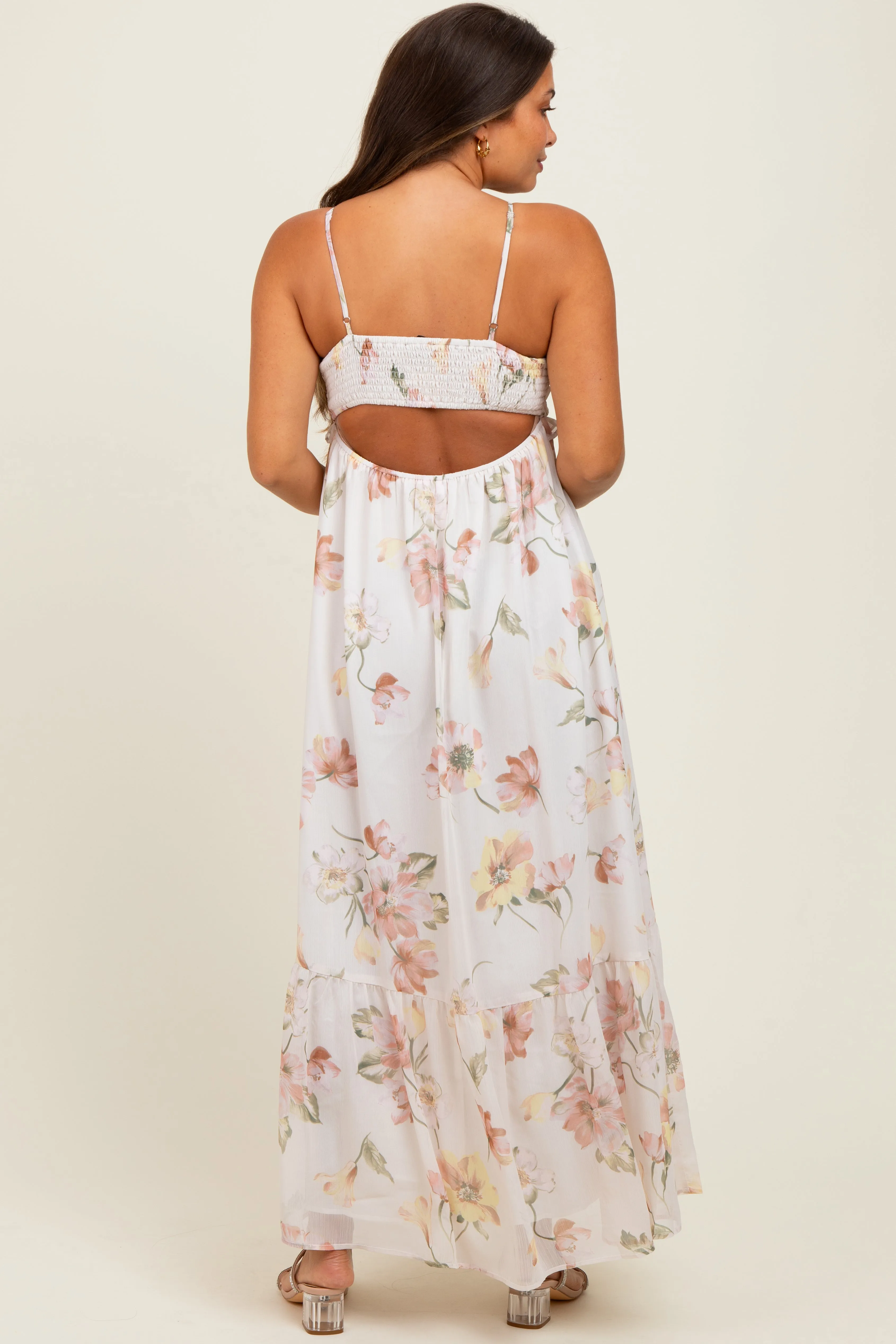 Cream Floral Chiffon Halter Maternity Maxi Dress sold by Pinkblush product image thumbnail 3