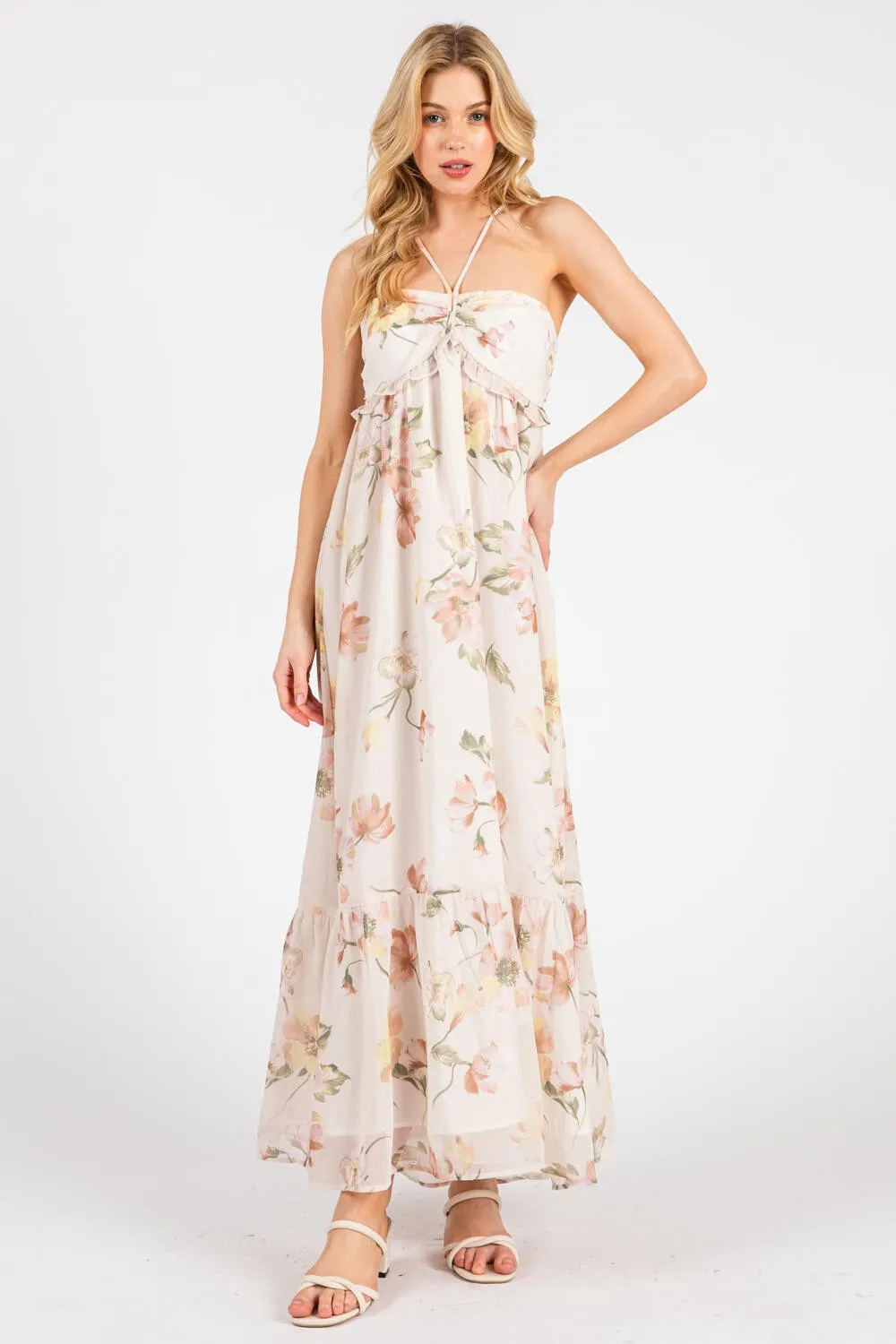 Cream Floral Chiffon Halter Maternity Maxi Dress sold by Pinkblush product image thumbnail 4