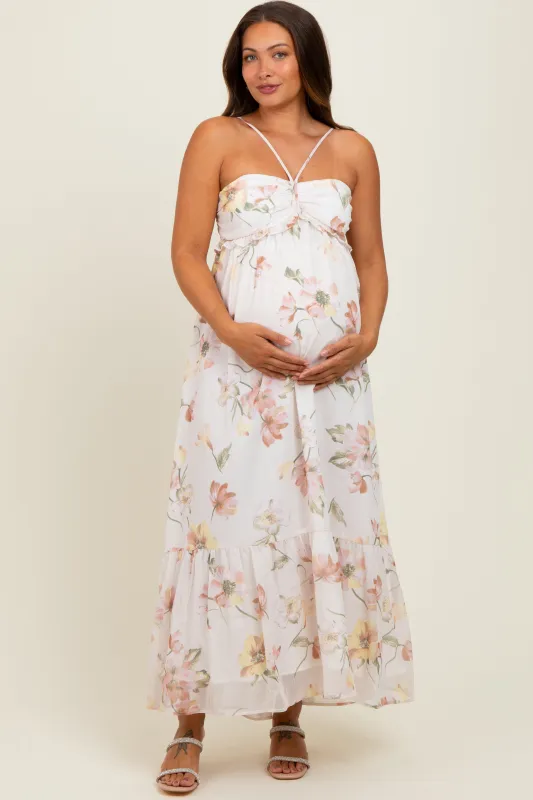 Cream Floral Chiffon Halter Maternity Maxi Dress sold by Pinkblush