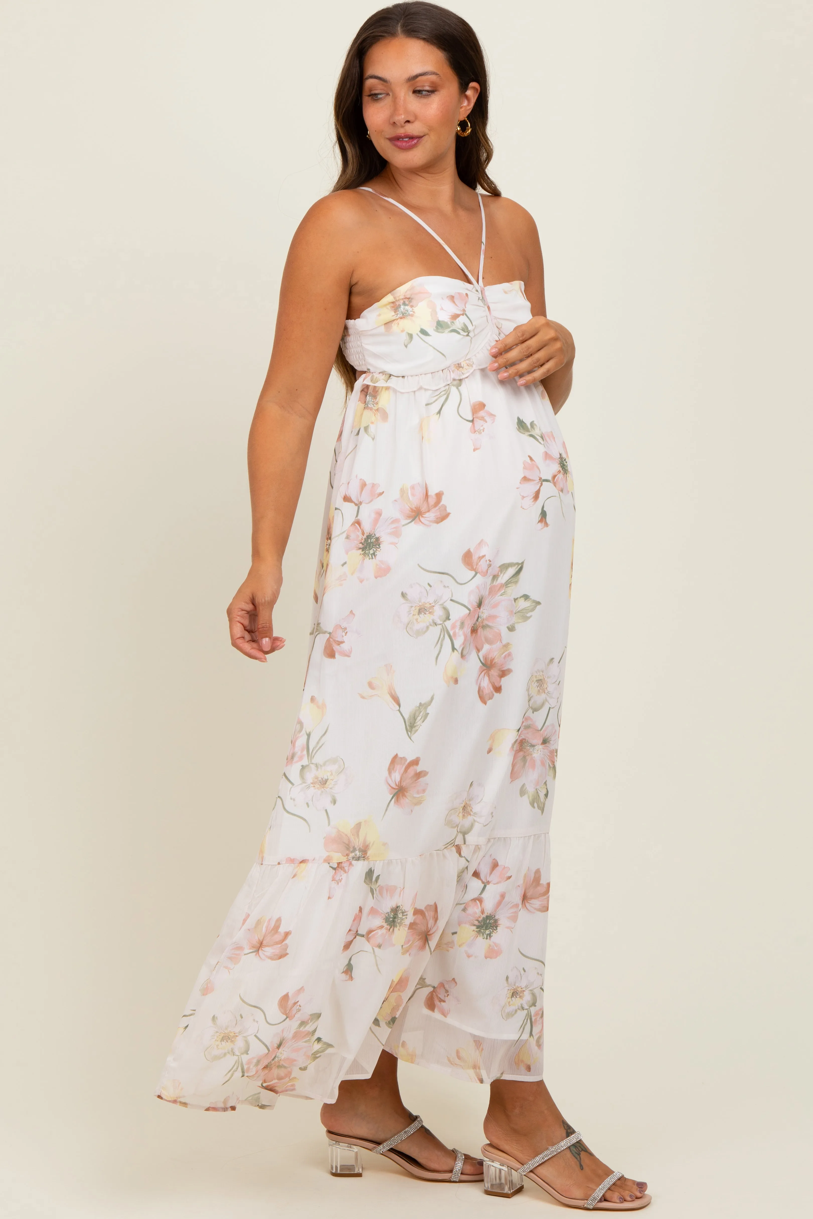 Cream Floral Chiffon Halter Maternity Maxi Dress sold by Pinkblush product image thumbnail 2