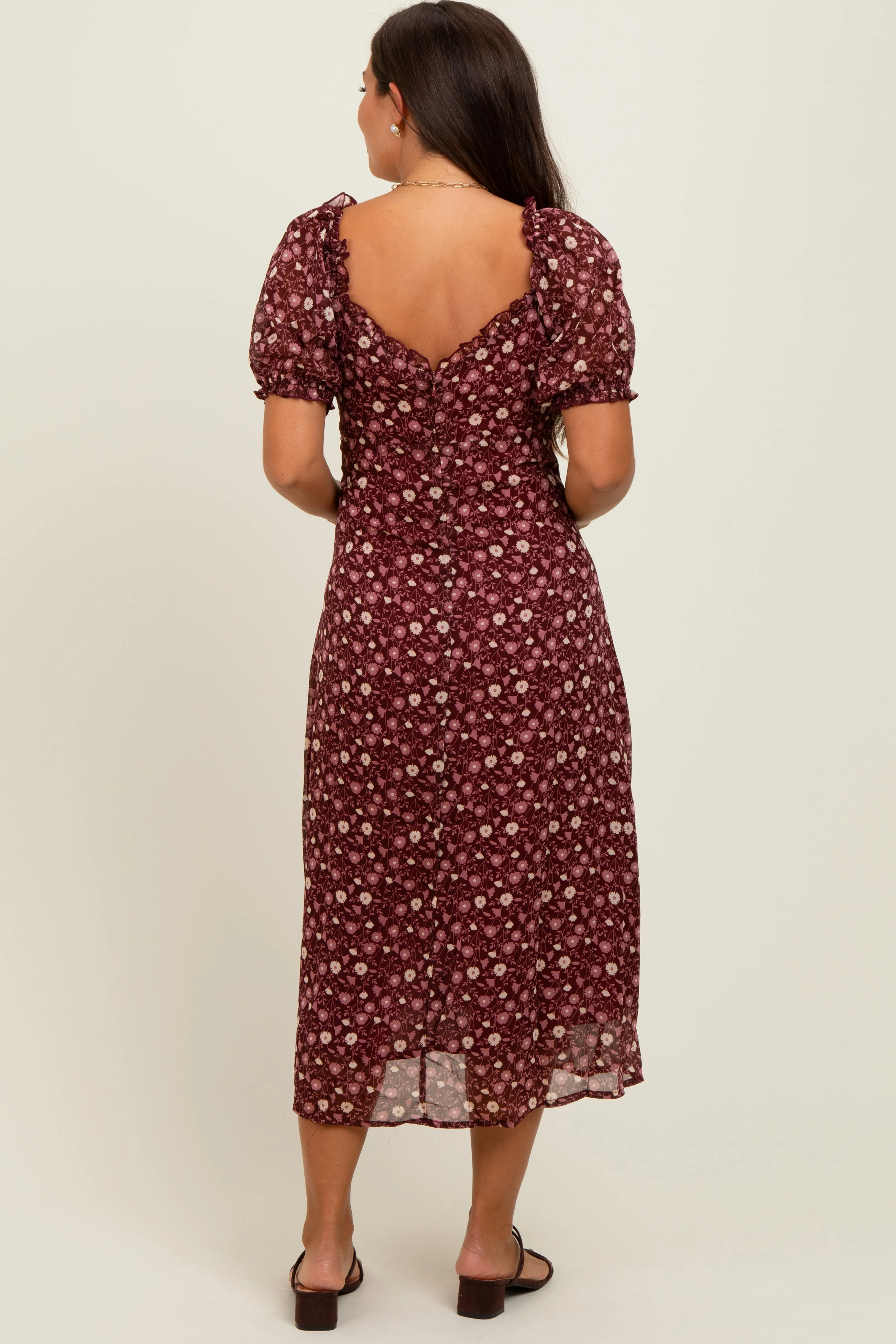 Burgundy Floral Chiffon Sweetheart Puff Sleeve Maternity Midi Dress sold by Pinkblush product image thumbnail 4