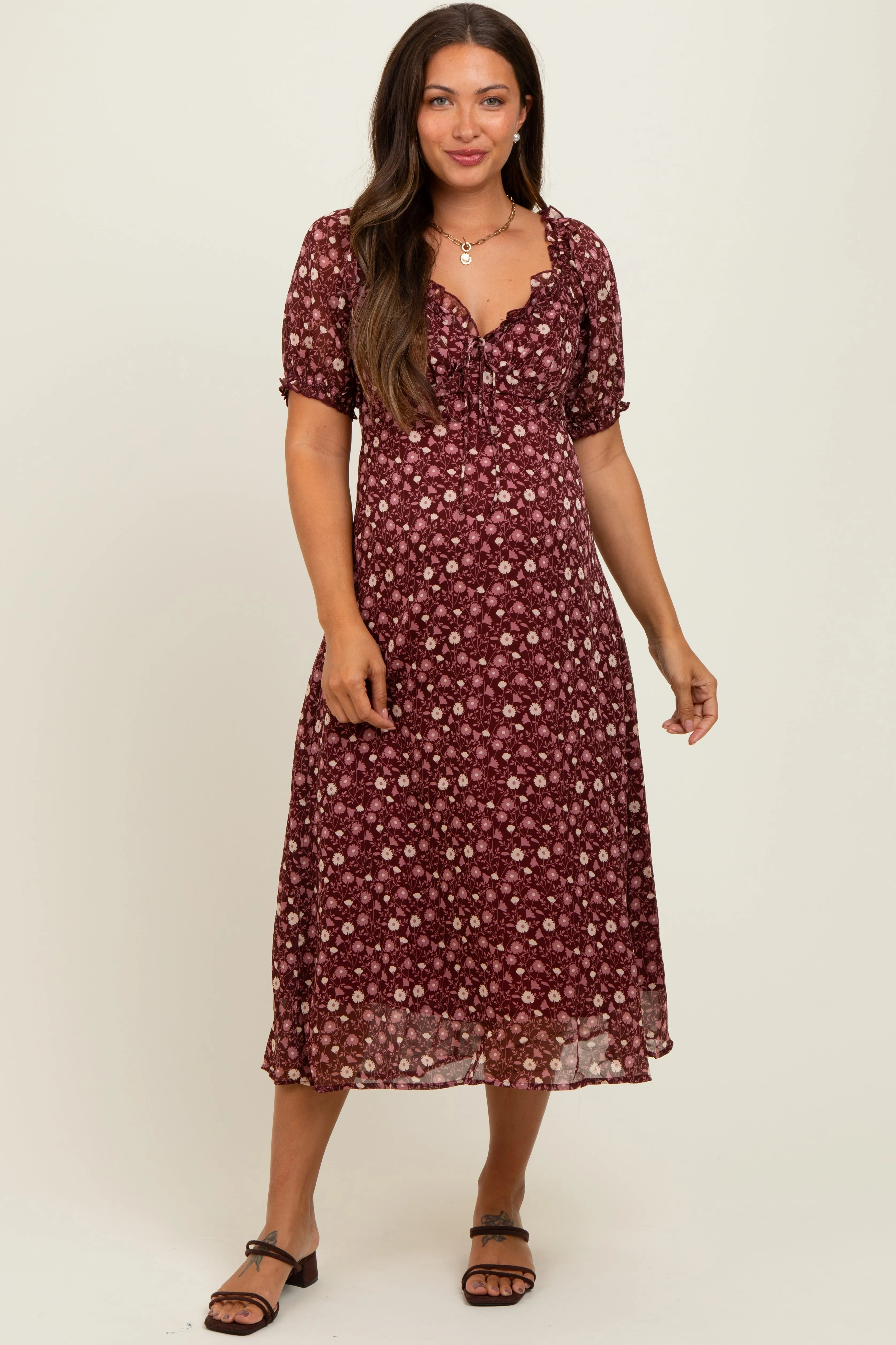 Burgundy Floral Chiffon Sweetheart Puff Sleeve Maternity Midi Dress sold by Pinkblush