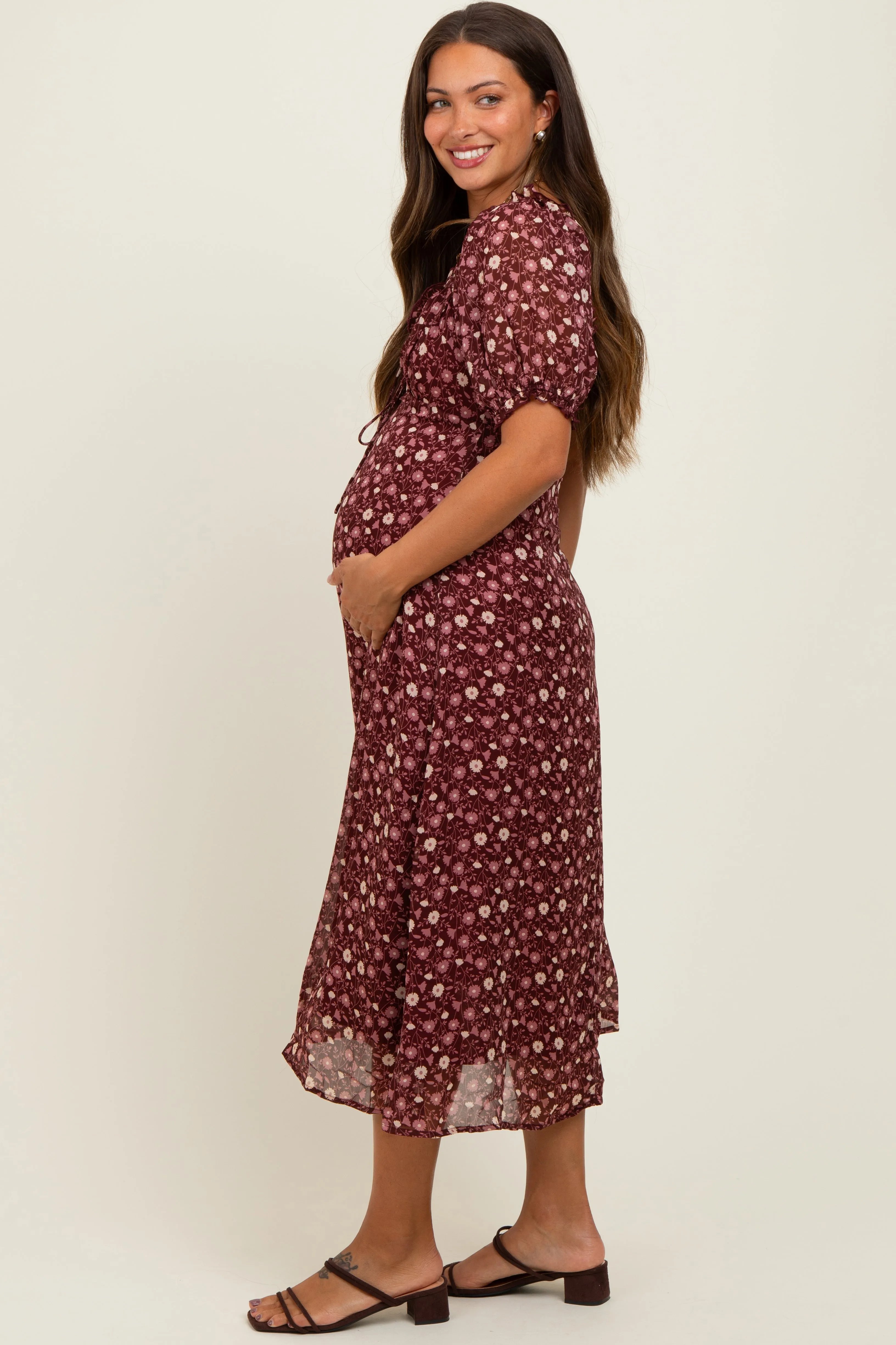Burgundy Floral Chiffon Sweetheart Puff Sleeve Maternity Midi Dress sold by Pinkblush product image thumbnail 3