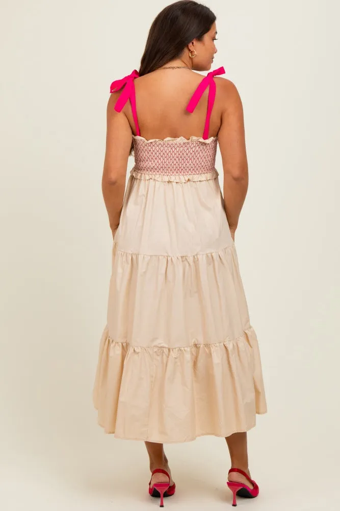 Cream Smocked Contrast Shoulder Tie Maternity Midi Dress sold by Pinkblush product image thumbnail 4