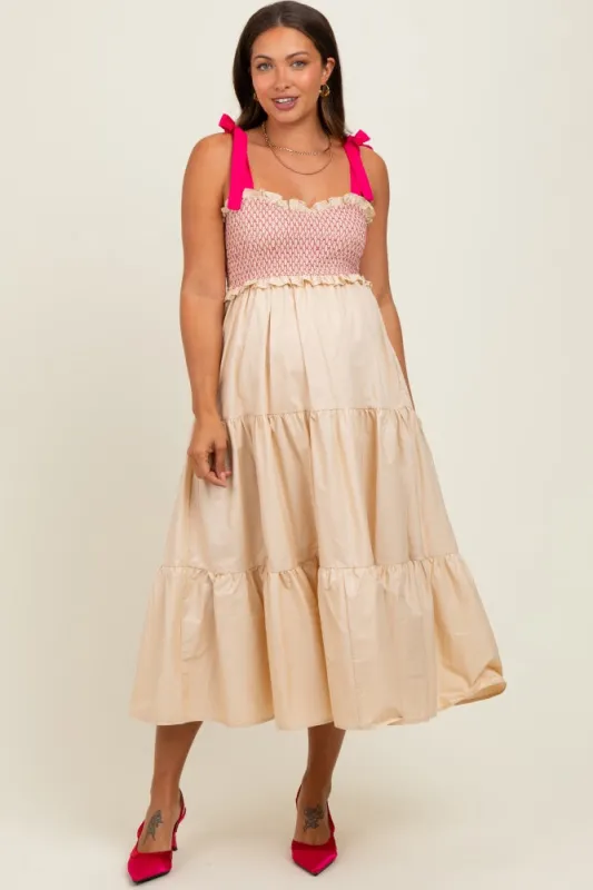 Cream Smocked Contrast Shoulder Tie Maternity Midi Dress sold by Pinkblush