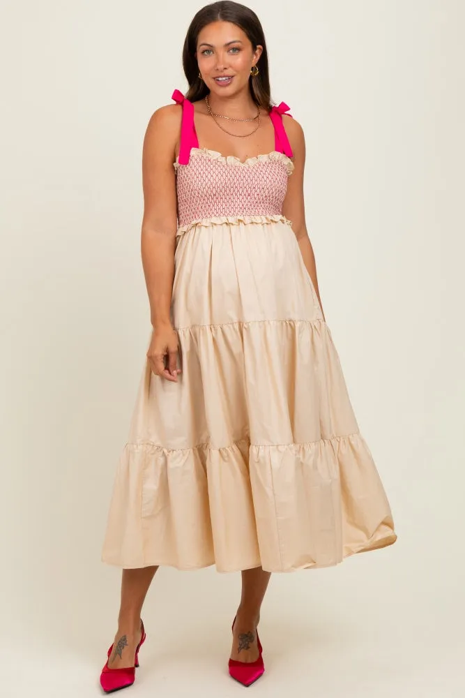 Cream Smocked Contrast Shoulder Tie Maternity Midi Dress sold by Pinkblush